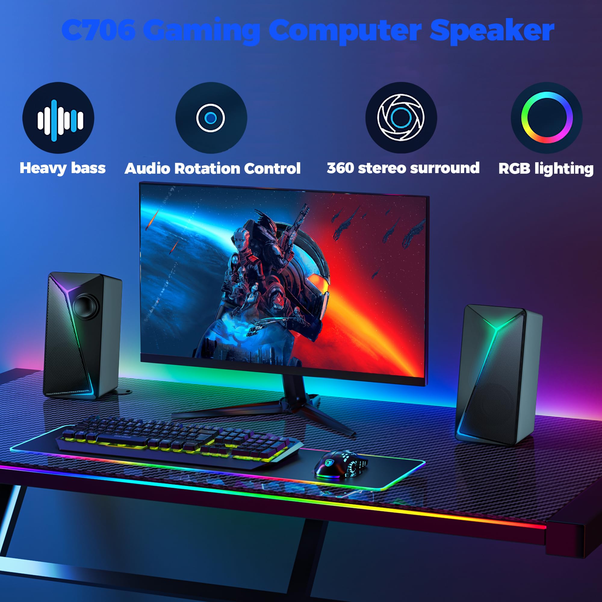 ROSON Computer Speakers for PC - Stereo 2.0 Gaming Speakers with Enhanced Bass, Volume Control & USB Power - 3.5mm Aux Multimedia Speakers for Laptop, Desktop, Tablet & Phone - Perfect for Gaming, Movies & Music Streaming
