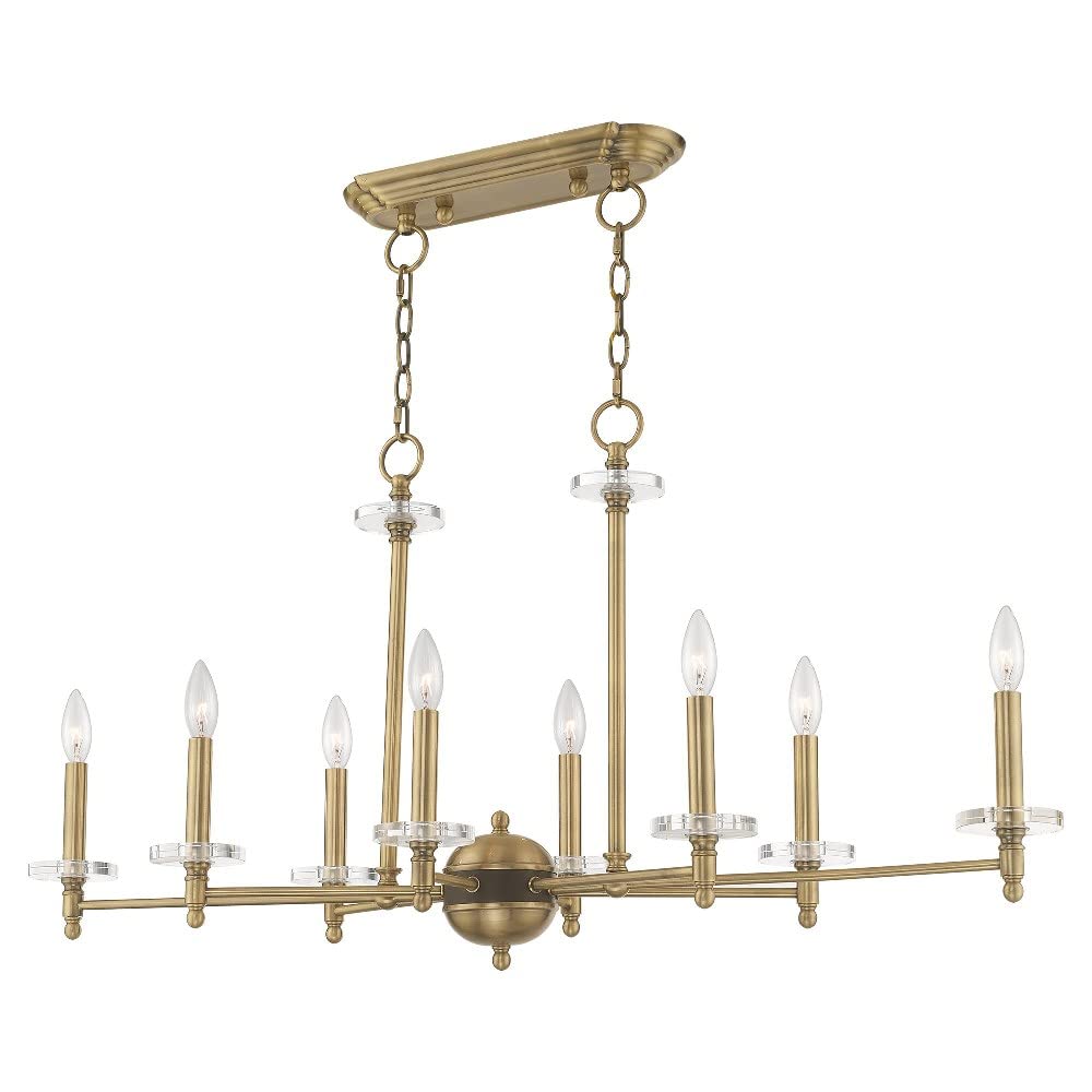 Livex Lighting 42708-01 Bancroft 8-Light Linear Chandelier with Clear Bobeche Crystals in Antique Brass Finish - Perfect for Dining Room, Foyer, or Luxury Home Decor