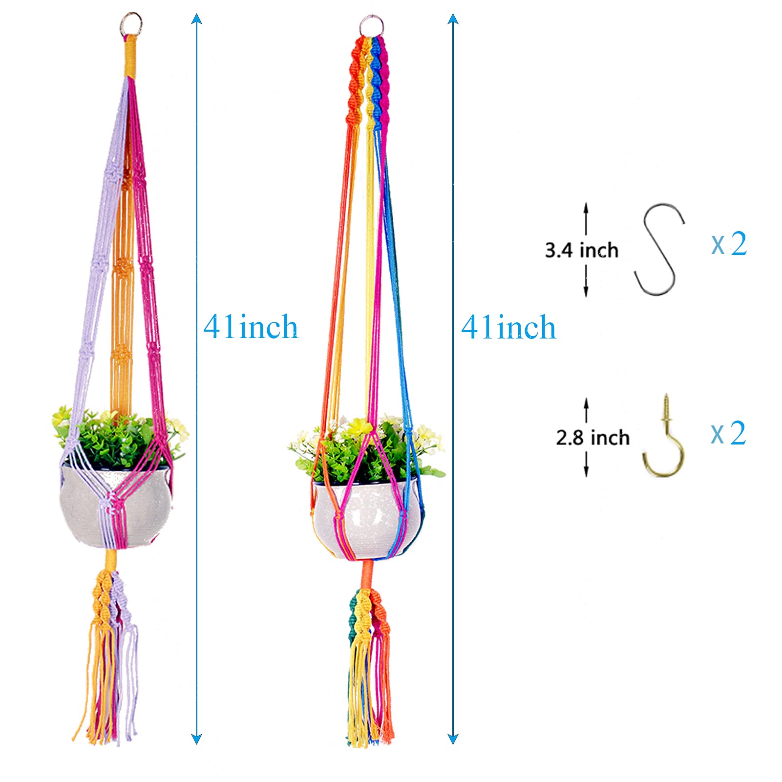 Rainbow Macrame Plant Hangers - Set of 2 Handmade Cotton Rope Hanging Plant Holders with 4 Hooks for Indoor & Outdoor Boho Decor | Perfect for Living Room, Bedroom, Balcony & Garden Plant Display