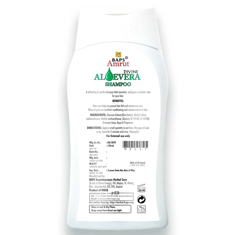 BAPS Amrut Aloe Vera Shampoo 150ml - Natural Hair Care for Dry & Damaged Hair - Gentle Cleansing & Hydration for Daily Use at Home or Salon