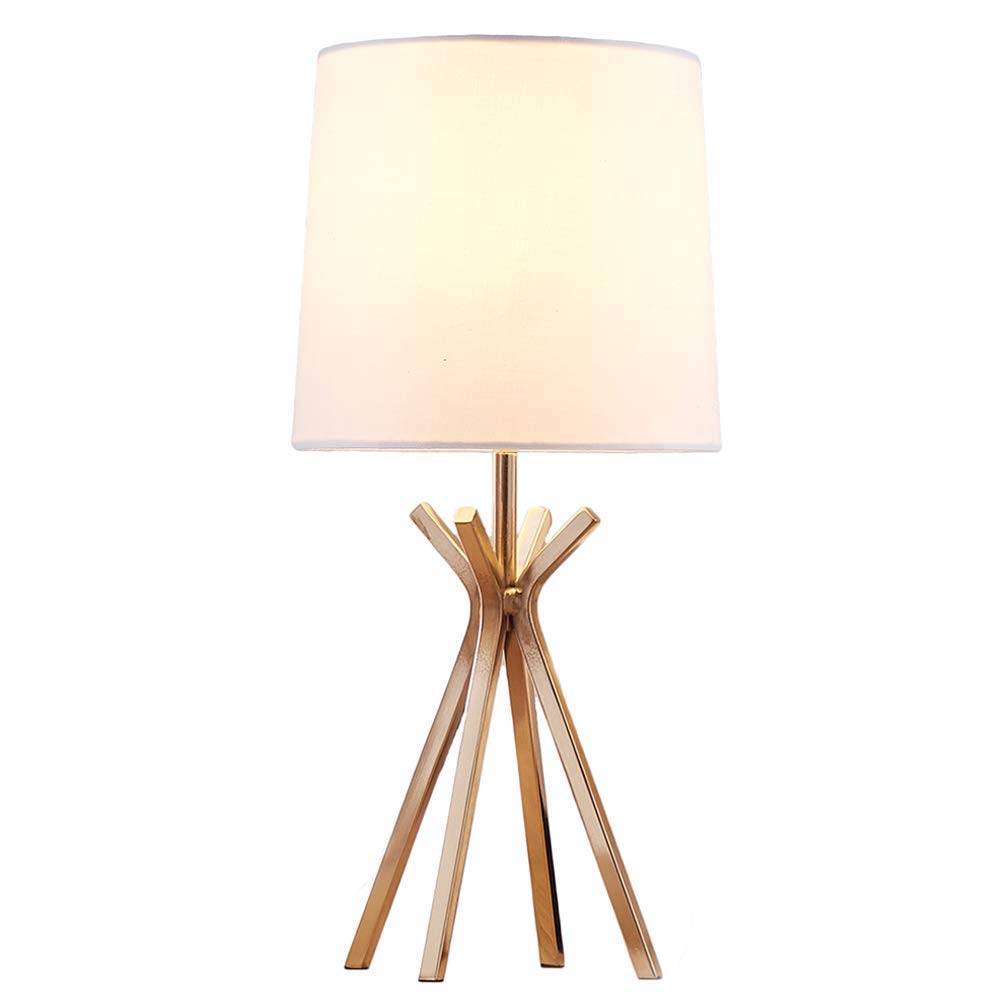 Popilion Modern Brass Gold Metal Base Bedside Table Lamp with White TC Fabric Lampshade - Elegant Small Lamp for Bedroom, Living Room, Office & Home Decor | Perfect for Nightstands, Desks, Reading Nooks & Cozy Lighting