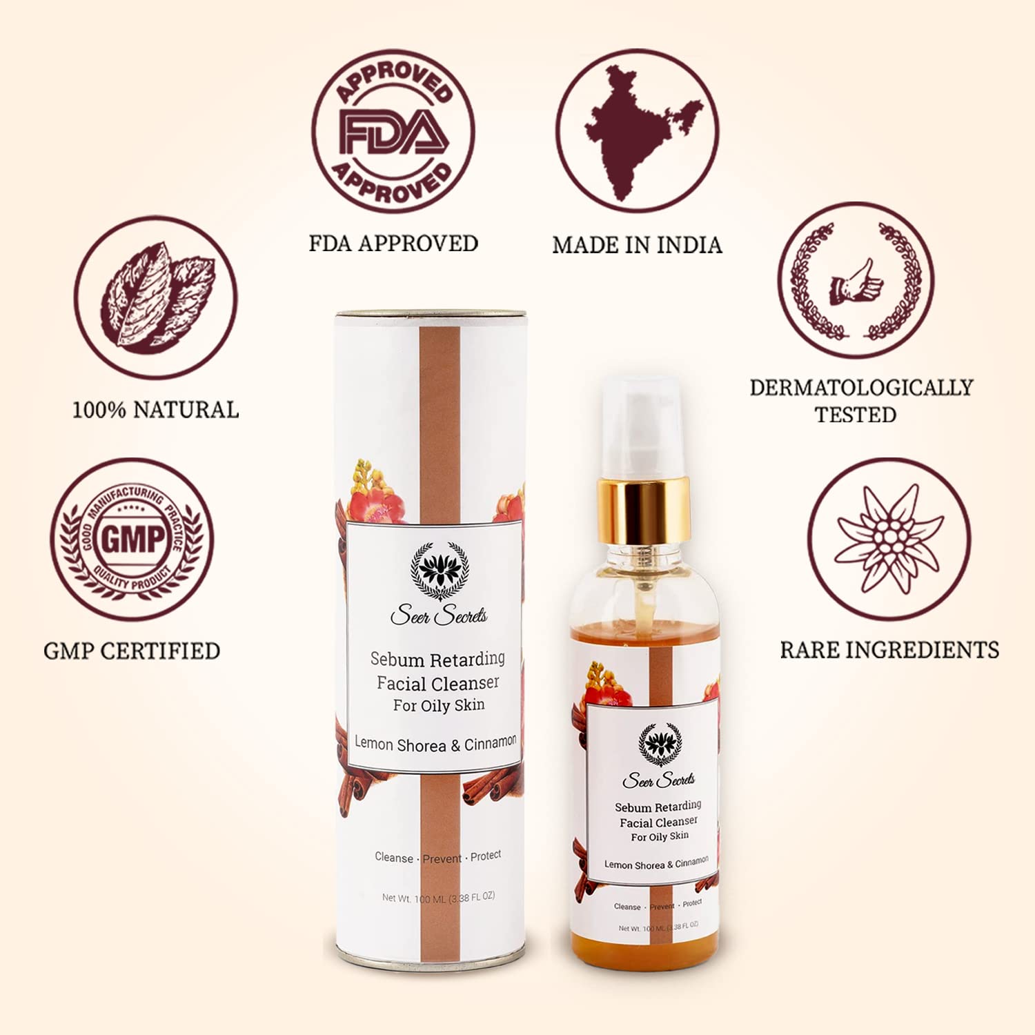 Seer Secrets Natural Lemon Shorea & Cinnamon Face Wash for Oily Skin - Deep Cleansing Pore Minimizer & Dirt Remover | Brightening Facial Cleanser | Silicone & Paraben Free | Unisex 100ml | Perfect for Morning & Night Skincare Routine
