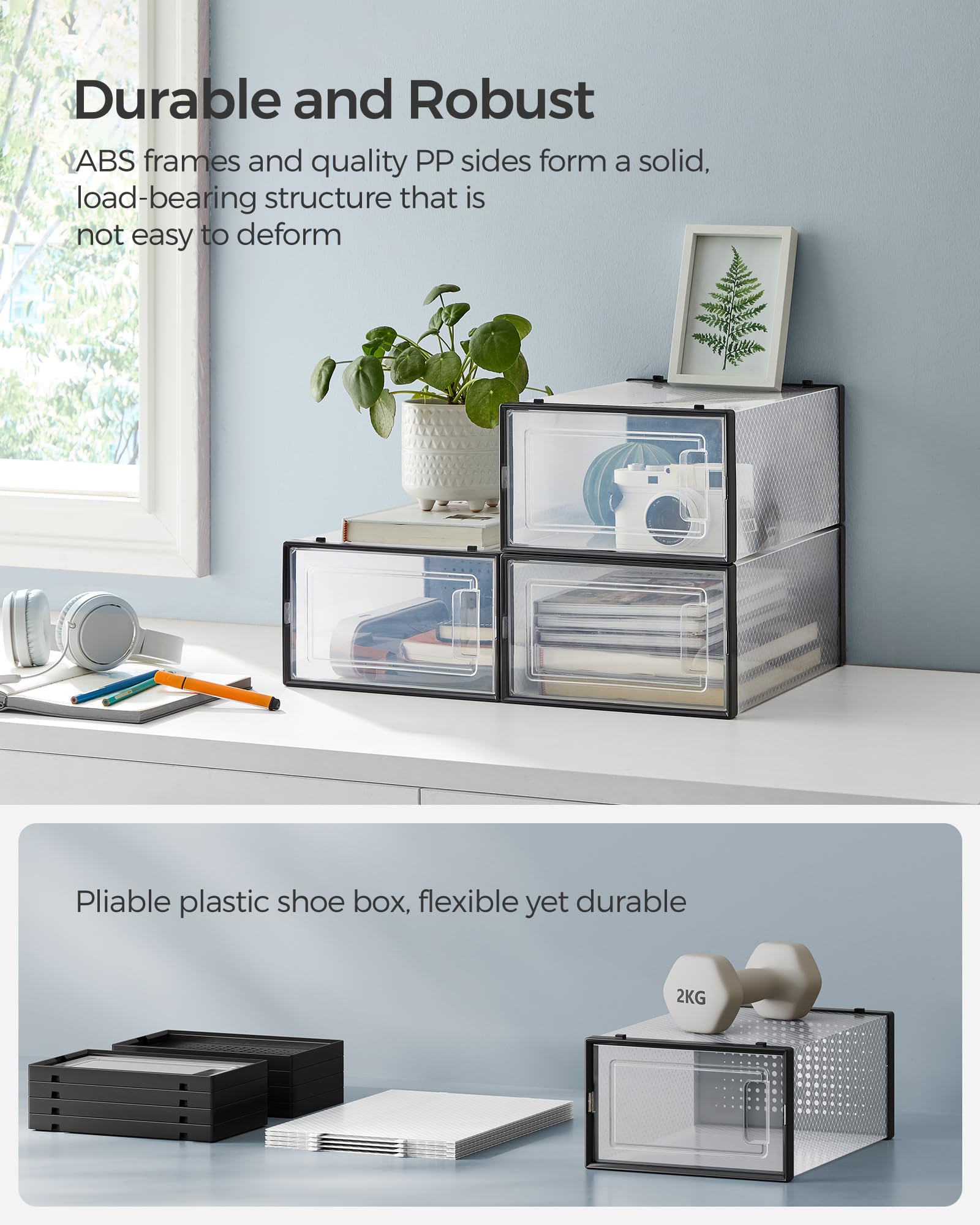 SONGMICS 18-Pack Shoe Storage Boxes, Clear & Black Stackable Shoe Organizers for Sneakers - Fits Up to US Men's Size 11, Foldable Shoe Box for Closet Organization | Perfect for Bedroom, Entryway & Dorm Storage Solutions