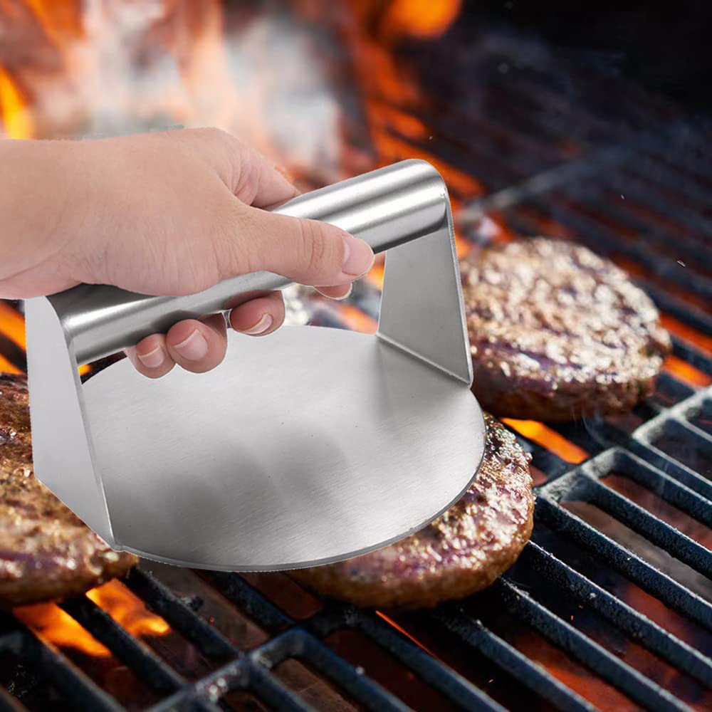 Stainless Steel Burger Press for Griddle - 5.5 Inch Round Hamburger Patty Maker, Non-Stick Bacon Press & Smasher for Flat Top Grill - Perfect for BBQ, Camping & Home Kitchen Cooking