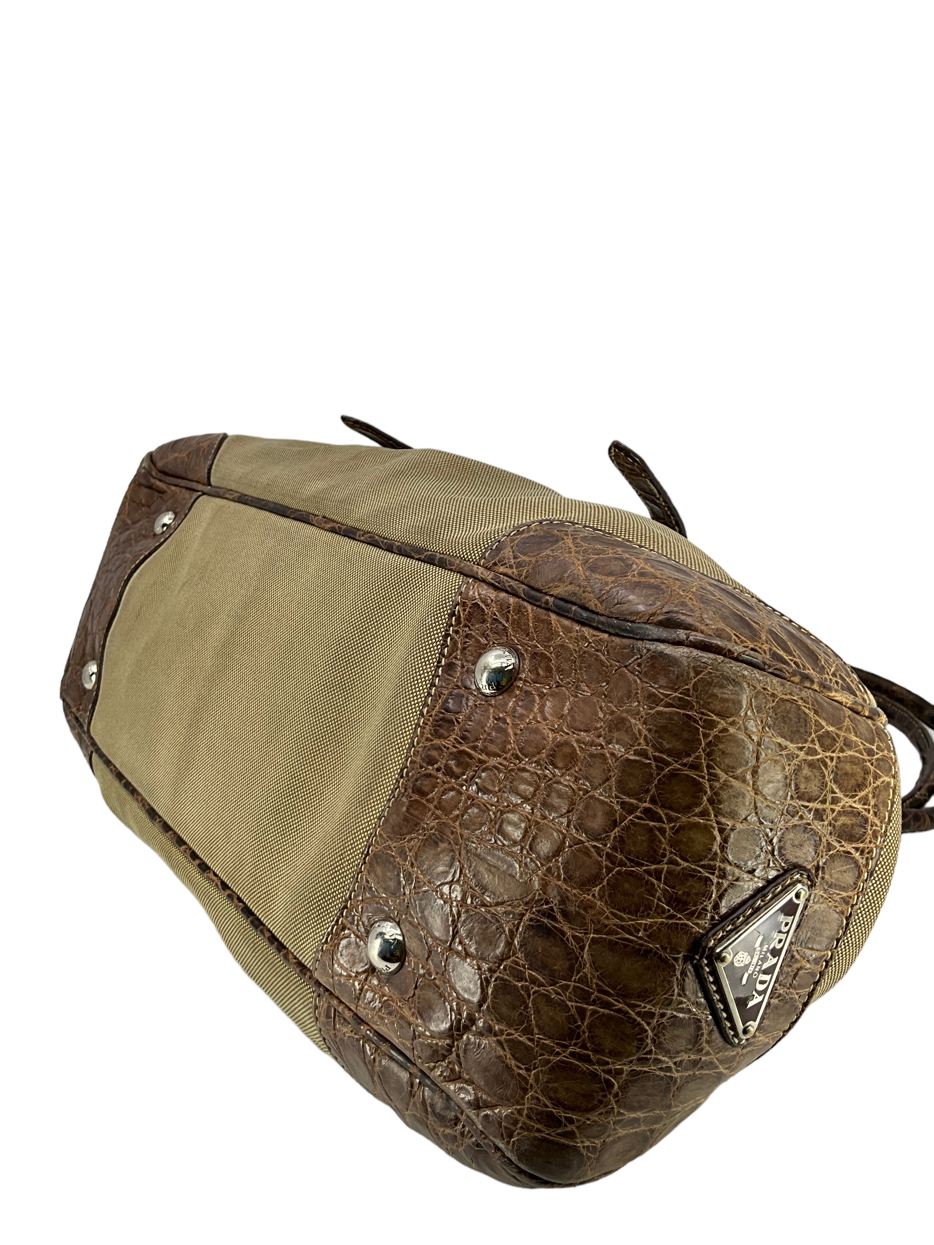 Prada Handbag for Women - Brown Crocodile Leather & Canvas Designer Shoulder Bag | Luxury Fashion Accessory for Work, Party & Everyday Use