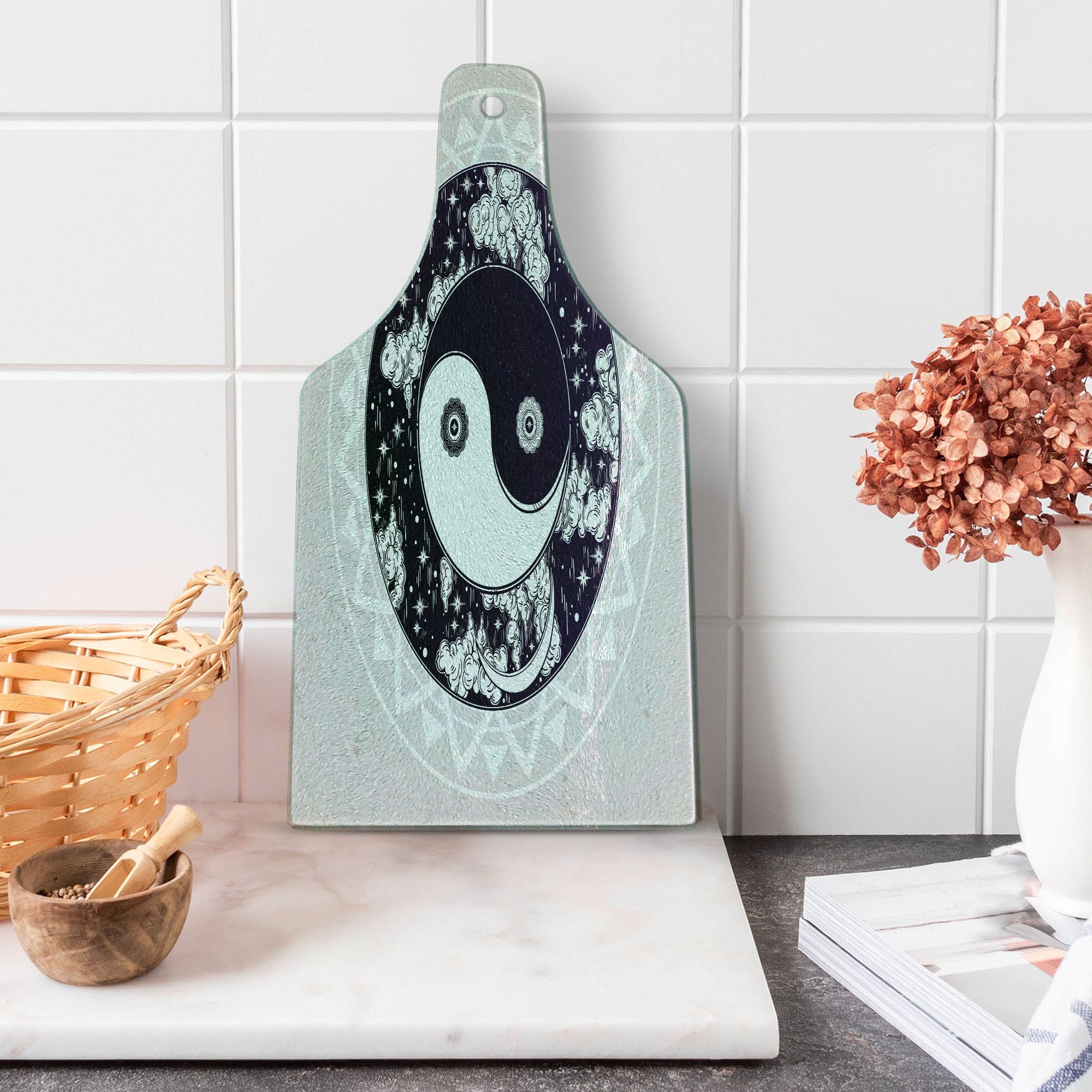 Ambesonne Mystic Tempered Glass Cutting Board - Yin Yang Symbol Round Pattern Ethnic Boho Design - Decorative Serving Board for Kitchen, Cheese, Charcuterie - Wine Bottle Shape in Black White Beige - Perfect for Entertaining, Gifts & Home Decor