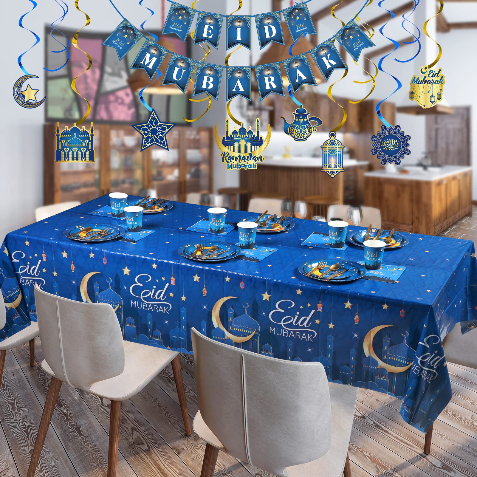 Eid Mubarak Party Supplies Set - 24-Piece Ramadan Tableware Kit with Plates, Napkins, Cups, Cutlery, Banner & Tablecloths - Blue Muslim Celebration Decor for Iftar Dinners & Family Gatherings