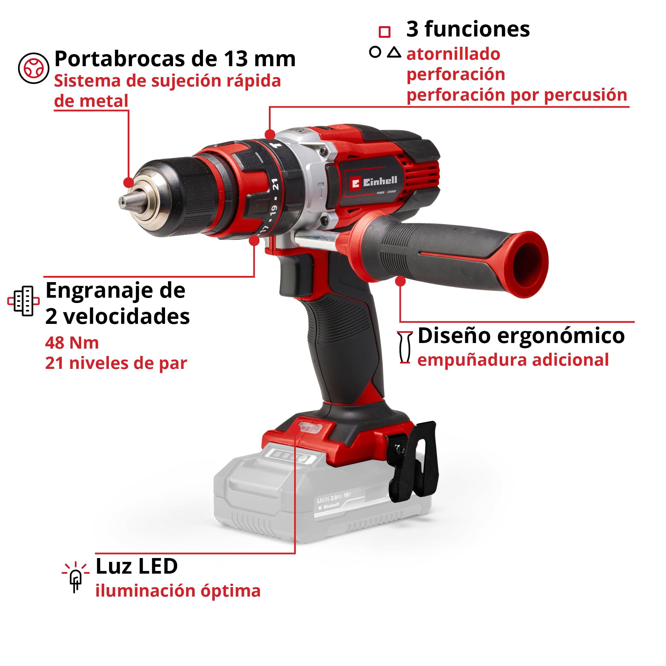 Einhell TE-CD 18/48 Li-i-Solo Power X-Change 18V Cordless Drill Driver - 2-Speed Gear, Hammer Drill Function, Variable Speed Control (Battery Not Included) - Perfect for DIY Projects, Home Repairs & Construction Work
