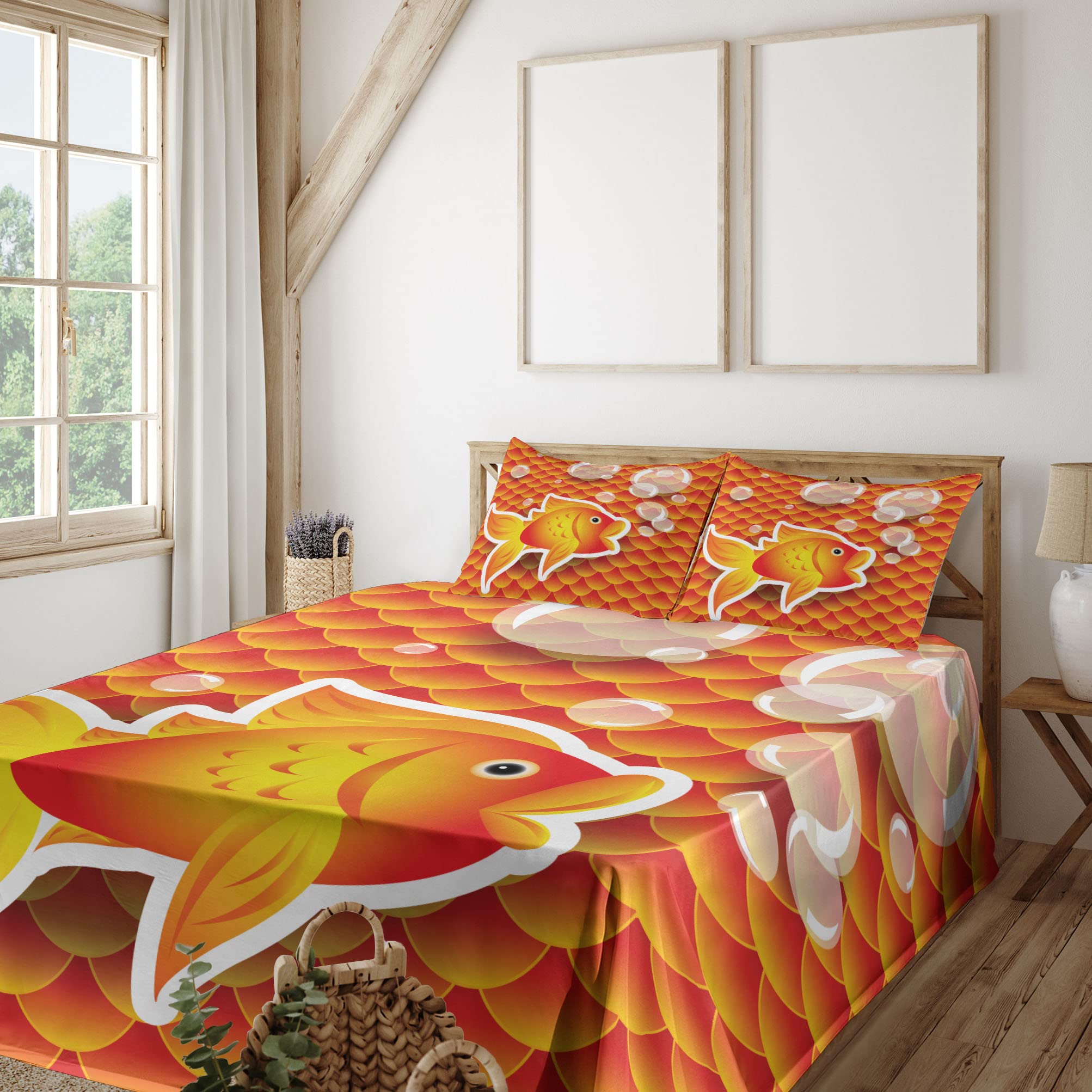 Ambesonne Orange Sheet Set - Small Goldfish & Bubbles Nautical Sea Print 3-Piece Bedding Set (Fitted Sheet, Flat Sheet & Pillowcase) for Twin XL - Burnt Orange | Perfect for Coastal Themed Bedrooms, Guest Rooms & Kids' Rooms