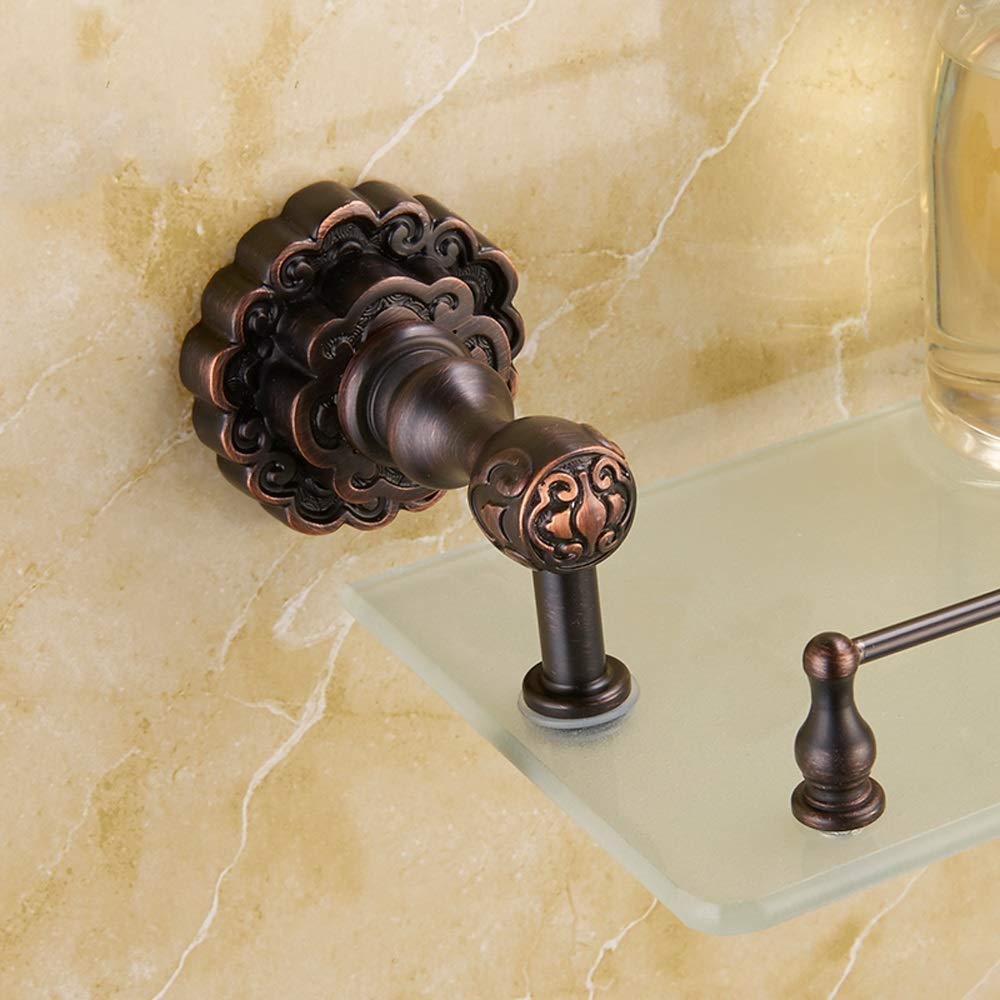 Antique Black Copper Carved Base Floating Shelves - 55CM Tempered Glass Wall Mounted Bathroom Shelf for Toilet, Makeup Storage & Organizer - Perfect for Small Space Decor, Vanity Organization and Bathroom Storage Solutions