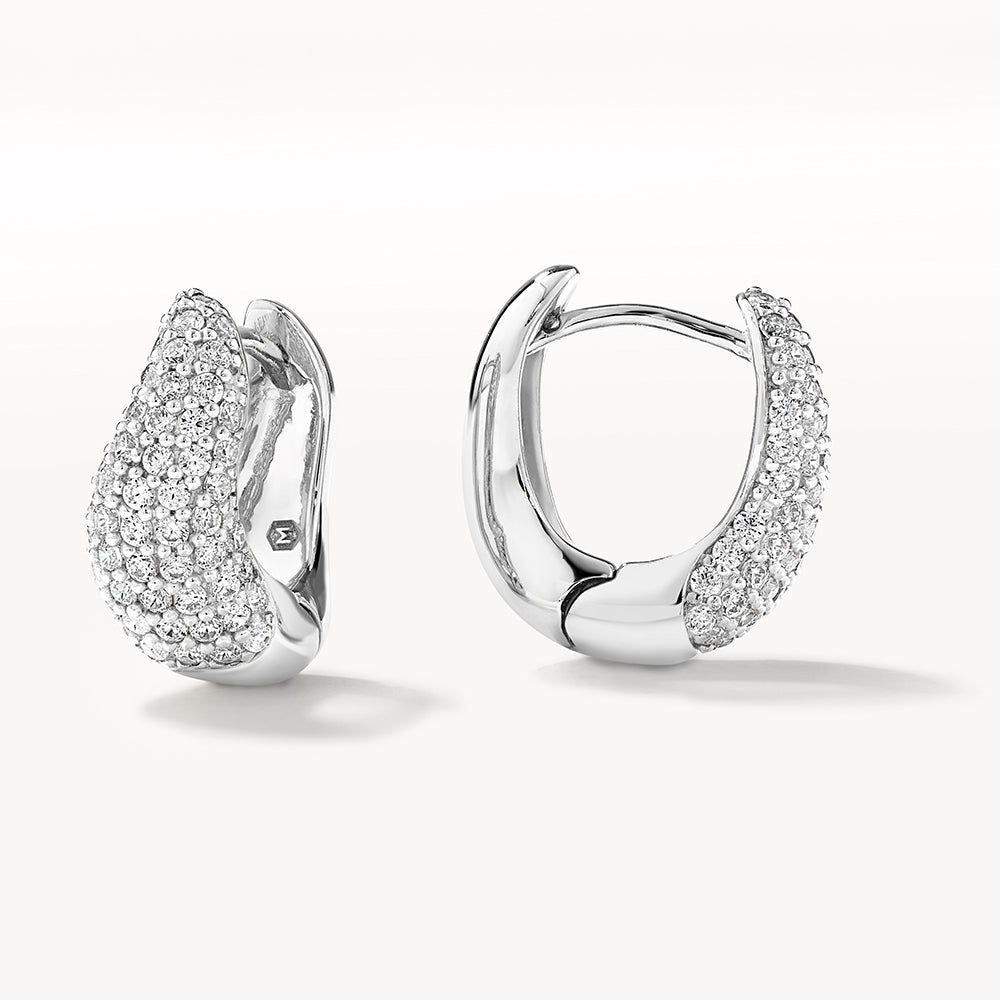 Sterling Silver Midi White Topaz Pave Wave Dome Huggie Earrings for Women - Elegant Everyday Jewelry for Work, Date Night & Special Occasions