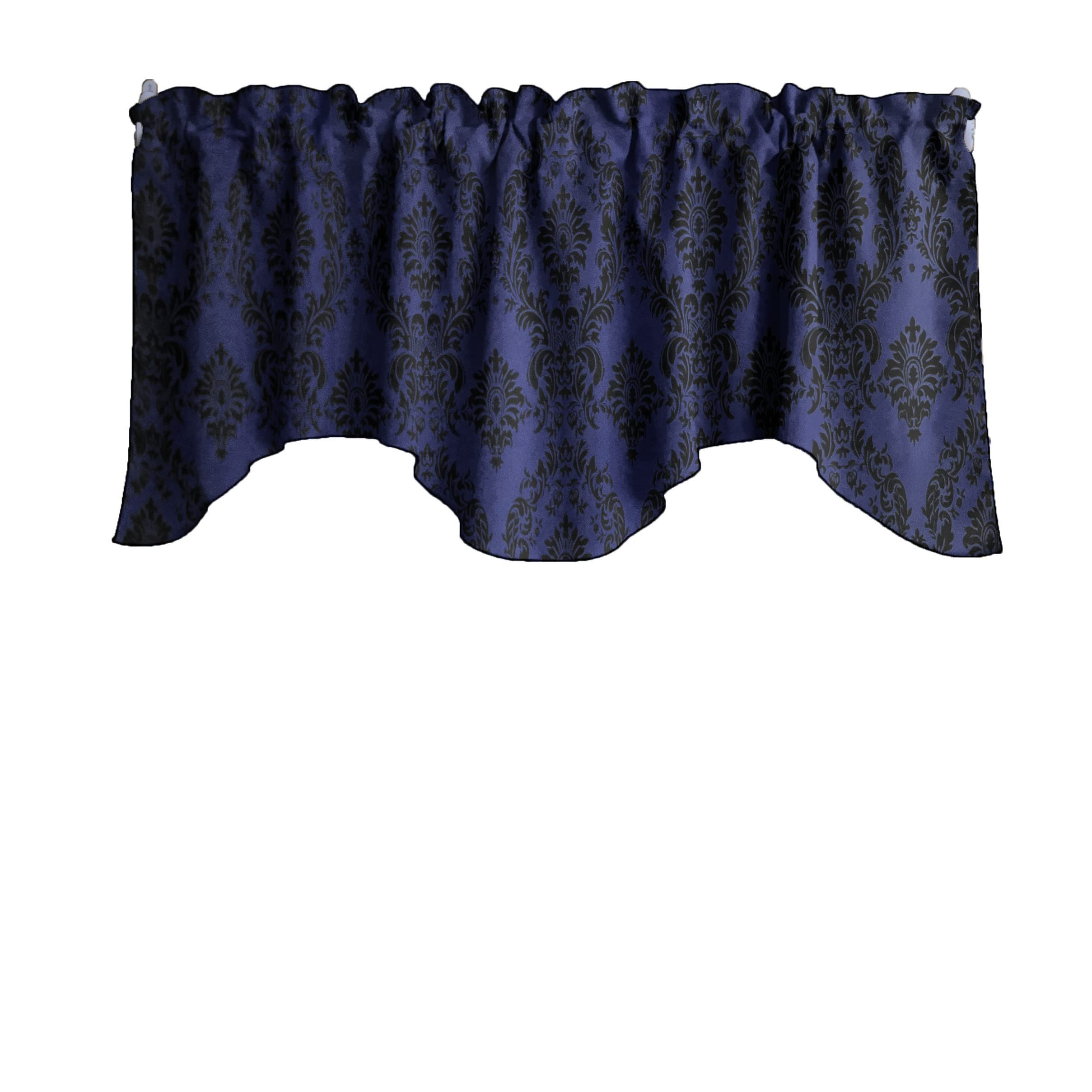 Flocked Damask Scalloped Wave Window Valance - Gothic Victorian Home Decor for Bedroom & Kitchen - Black on Navy - Perfect for Vintage Style Windows & Curtains