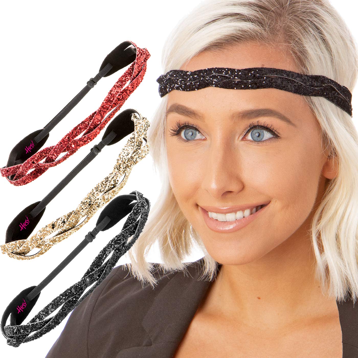 Hipsy Women's Adjustable Sparkly Glitter Headbands - 3 Pack Braided Hair Bands with Rhinestones (Black/Gold/Red) for Parties, Weddings & Everyday Fashion Accessories
