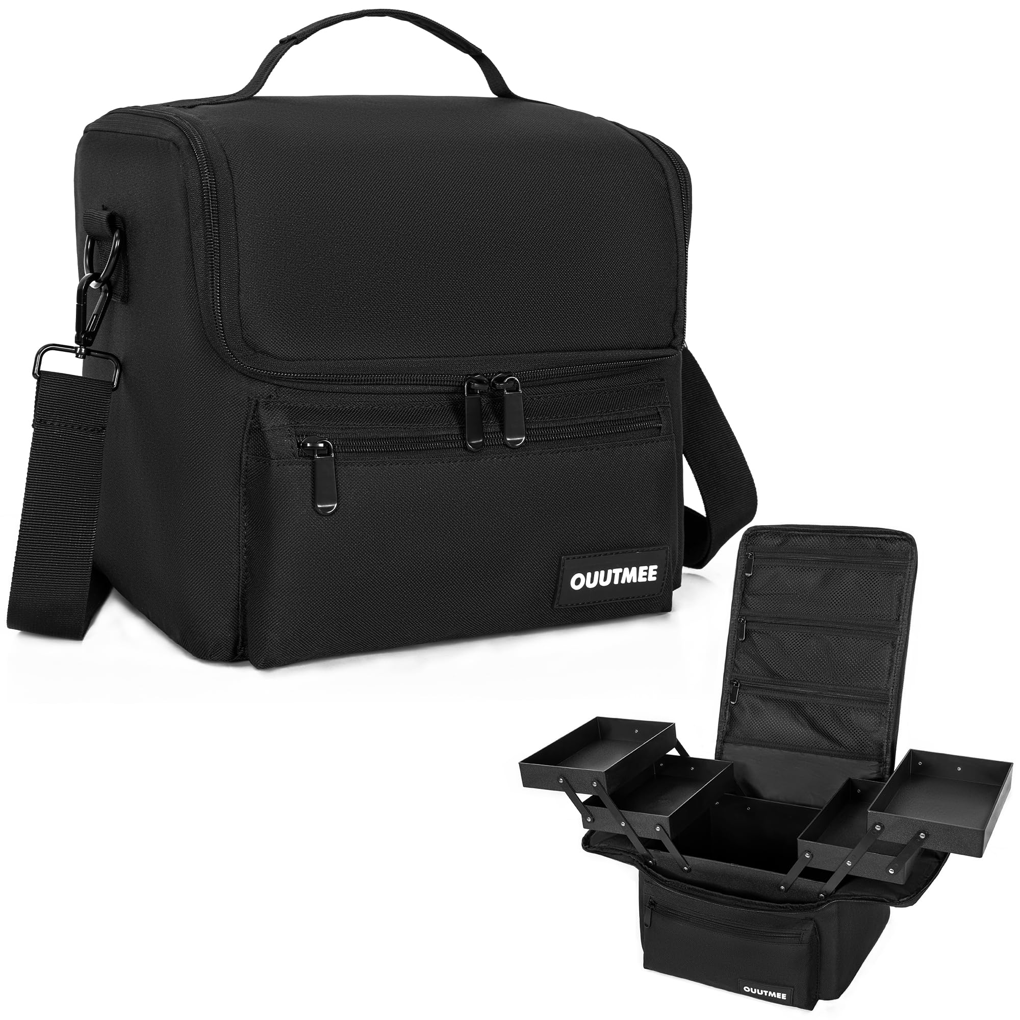 OUUTMEE Professional 4-Tier Makeup Train Case - Black Travel Cosmetic Organizer Bag with Straps & Pockets for Makeup & Nail Tools | Perfect for Salon Professionals, Travel & Home Storage