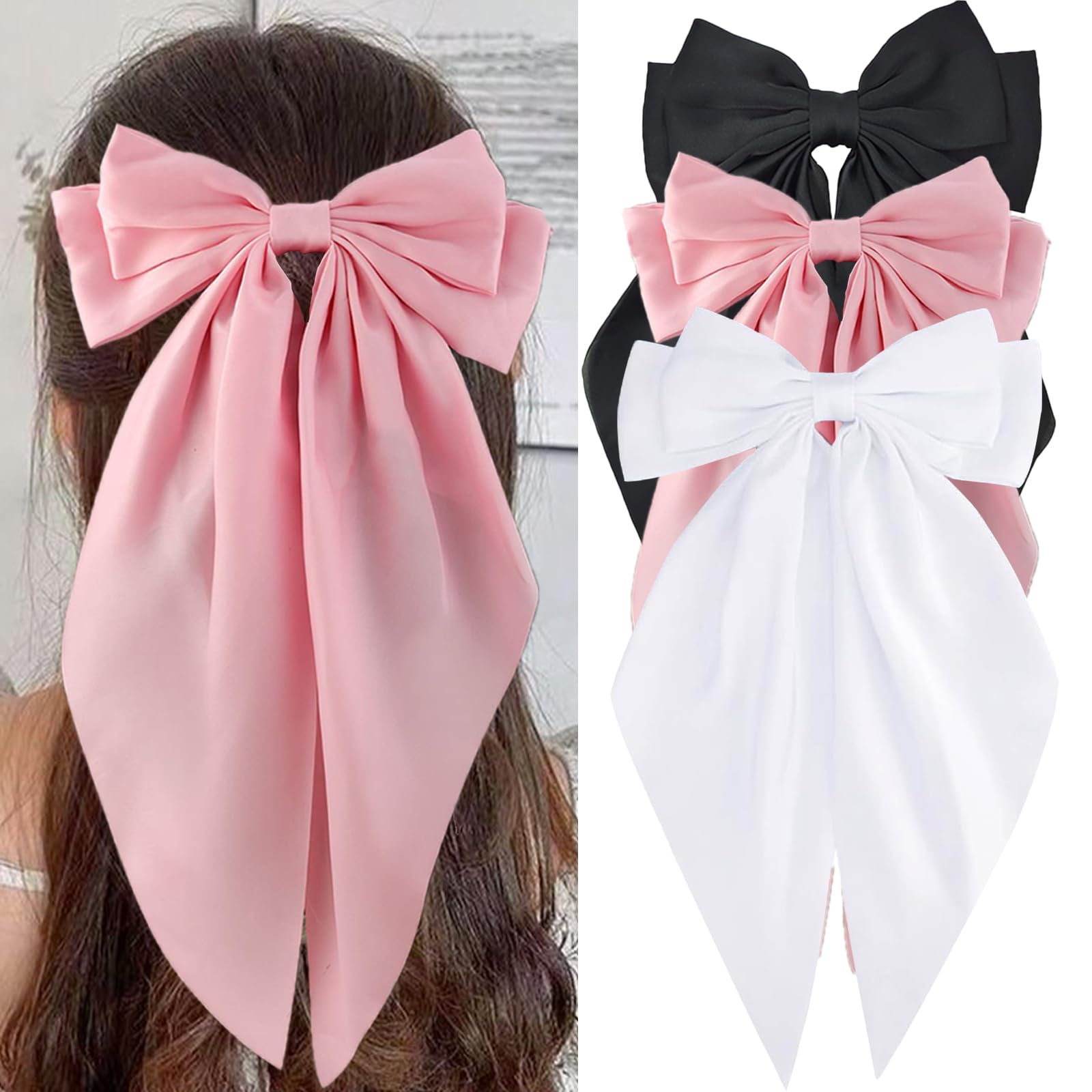 3PCS Large Satin Hair Bows for Women - Oversized Bow Hair Clips with Long Tail, Silky Hair Barrettes & Claw Clips - Elegant Hair Accessories for Parties, Weddings & Daily Styling