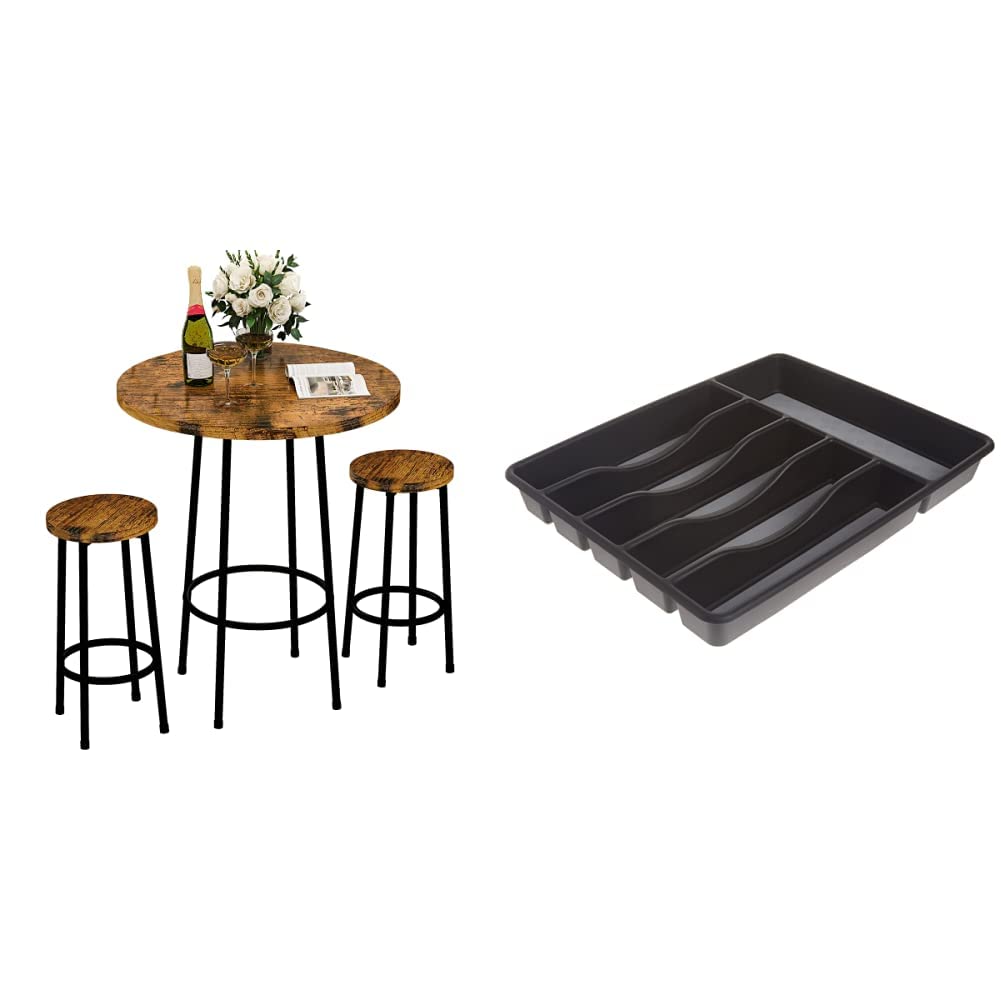 Recaceik 3-Piece Pub Dining Set - Modern Round Bar Table & Stools in Rustic Brown - Rubbermaid No-Slip Silverware Tray Organizer in Black/Gray - Perfect for Kitchen, Dining Room & Outdoor Entertaining