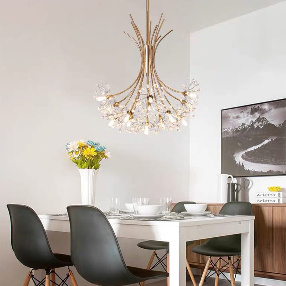 Modern Crystal Chandelier - Fireworks LED Pendant Light with Dandelion Flower Design - 13-Light Gold Ceiling Fixture for Living Room, Restaurant, Bedroom & Kitchen - Perfect for Dining Areas, Entryways and Home Decor