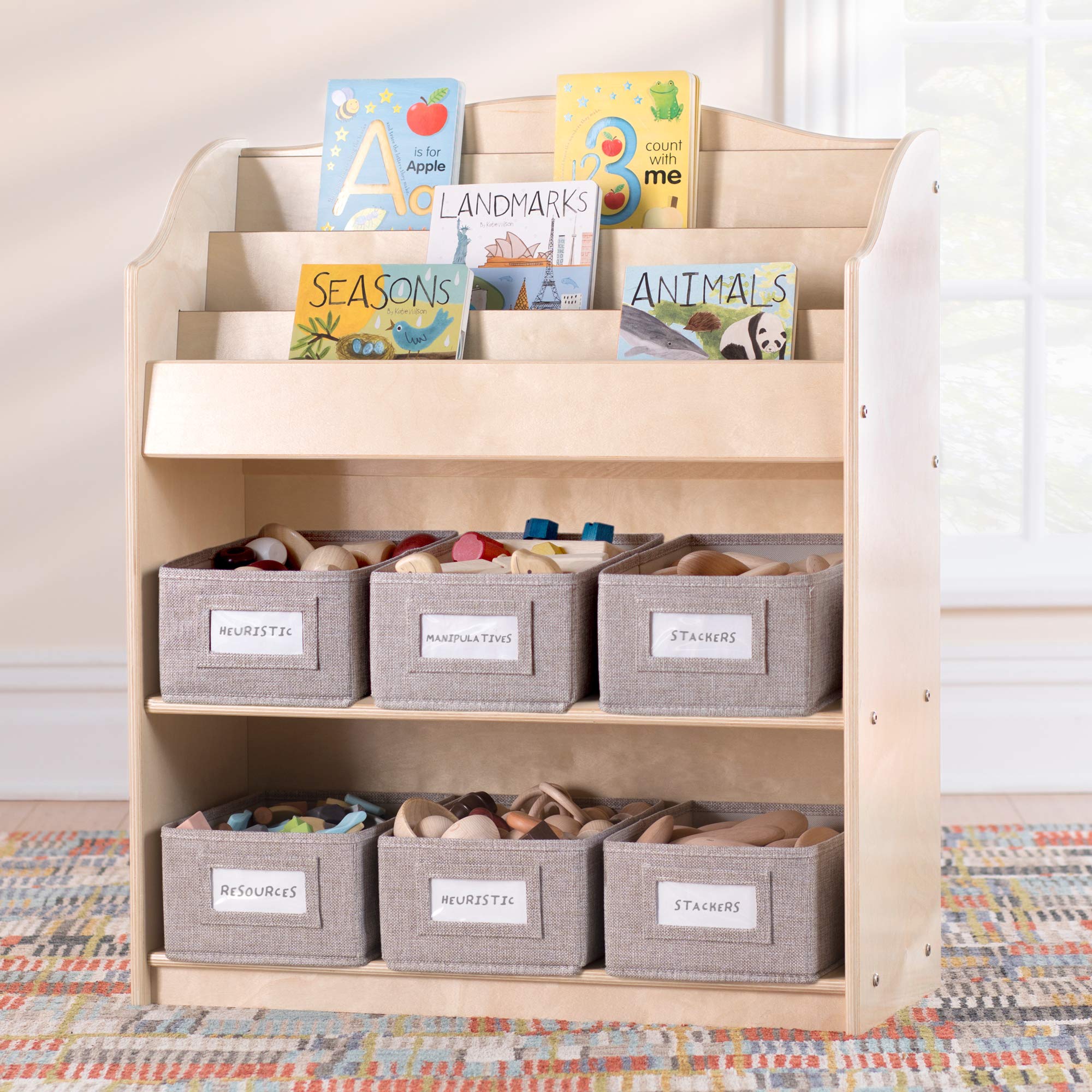 Guidecraft EdQ Essentials Book and Bin Browser Natural - 6 Fabric Storage Bins for Kids, Book Display & Toy Organizer | Classroom Furniture, School Supplies, Playroom Storage Solution
