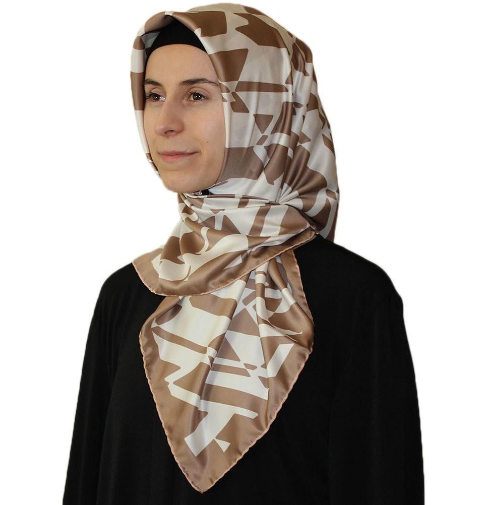 Aker Satin Square Hijab Scarf 6749 932 Beige/White - Soft Muslim Headscarf for Women, Breathable Fashion Hijab for Daily Wear, Prayer, Work & Special Occasions