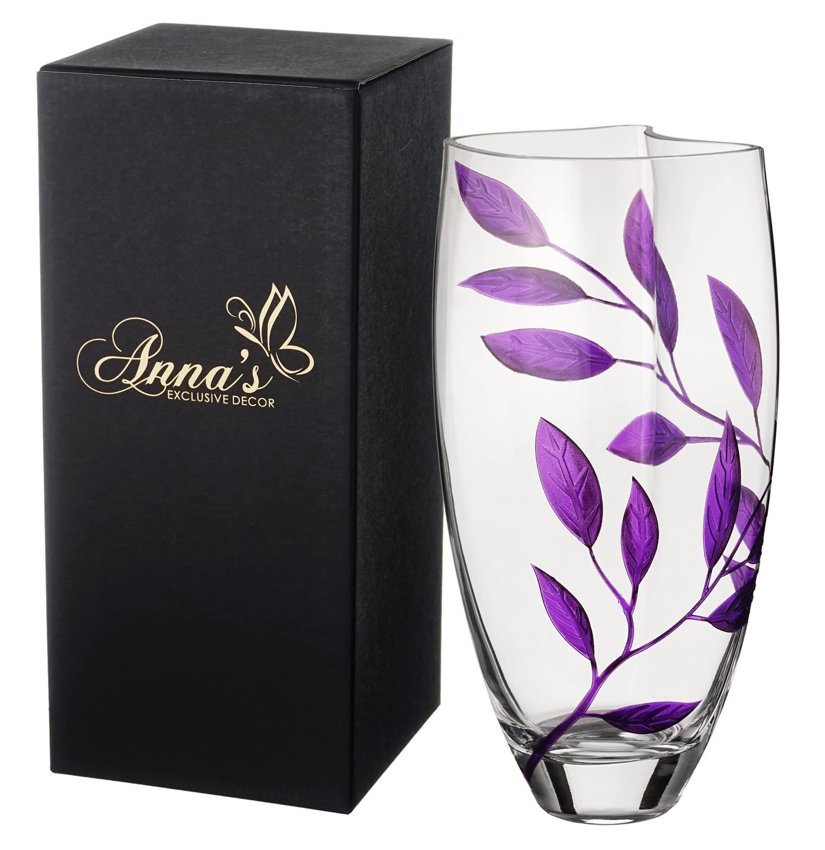 Luxury Hand Blown Glass Vase with Sandblasted Purple Leaves Design - 11.4 Inch (29cm) Clear Unique Shape Home Decor - Elegant Gift in Golden Box for Wedding, Anniversary & Living Room Decoration
