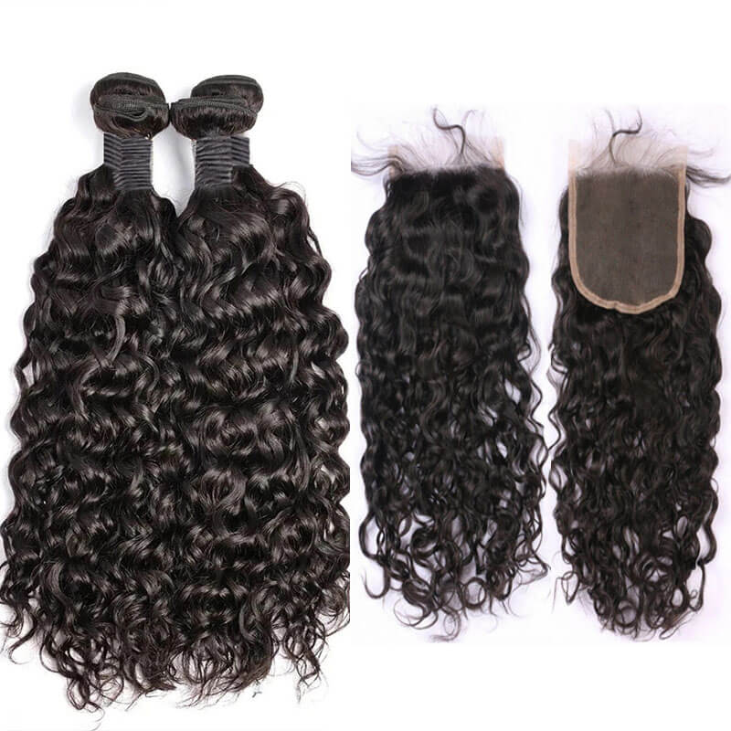 Eullair Water Wave Bundles with Closure 3/4 PCS - 4x4 5x5 6x6 HD Lace Closure - Perfect for Natural-Looking Hairstyles, Weaves & Extensions for Women