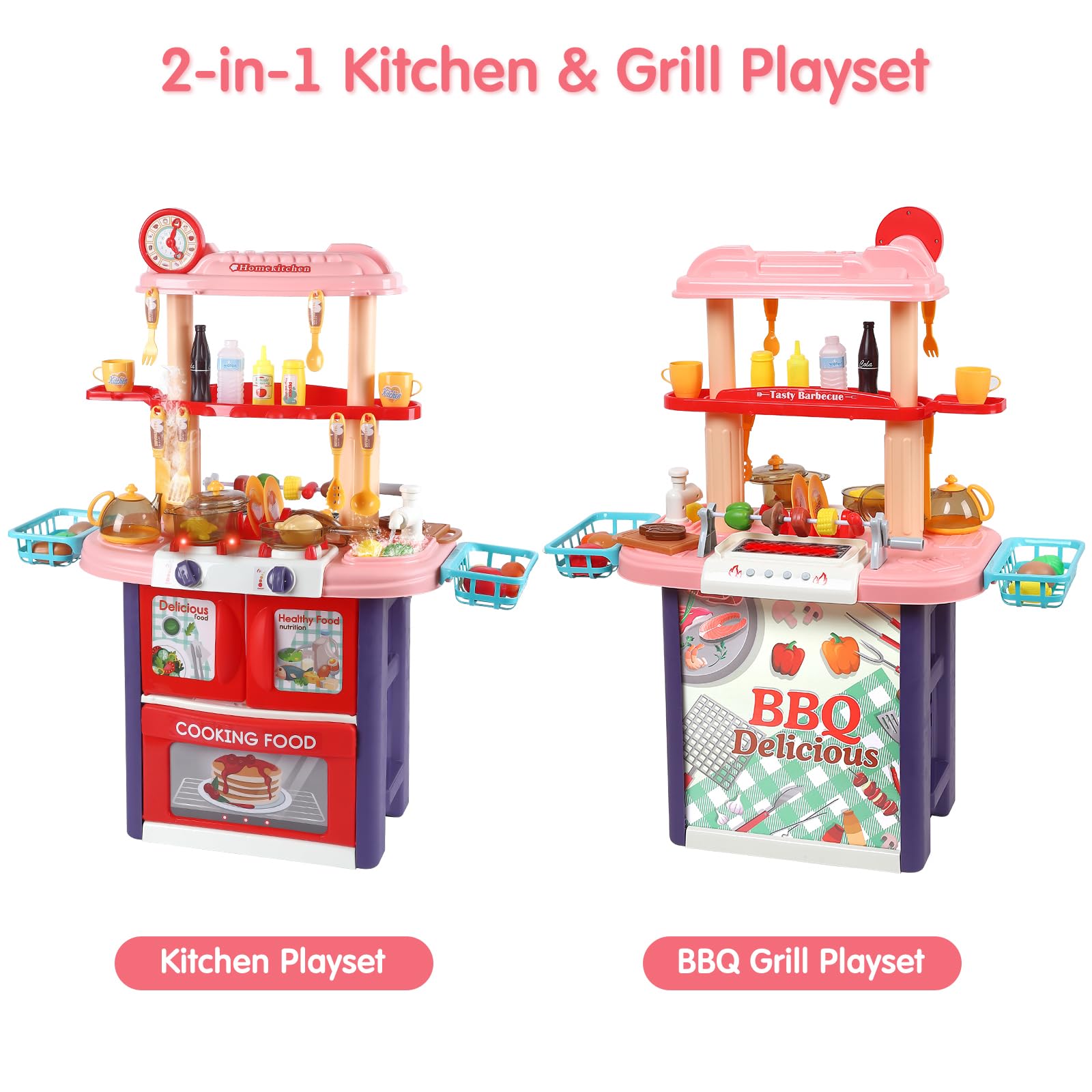 2-in-1 Kids Kitchen Playset with BBQ Grill - Pretend Play Kitchen Toy with Running Water, Steam, Lights & Sounds for Toddlers 3-5 Years | Perfect for Imaginative Play, Birthday Gifts & Preschool Learning Activities