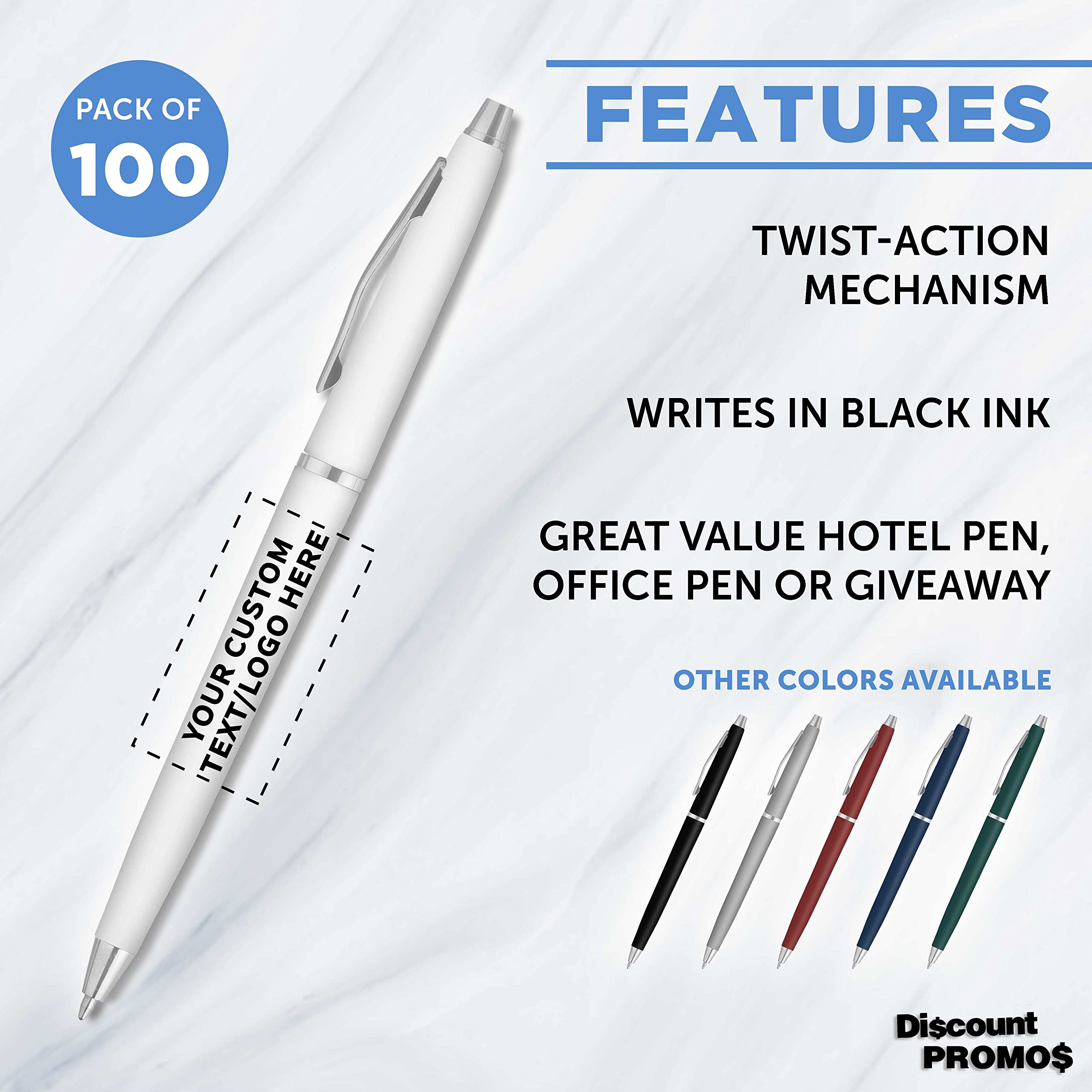 Custom Langham Ballpoint Ink Pen - Set of 100 Black Ink Writing Pens for Office Work, Business Meetings & School Supplies - Premium White Pens for Smooth Writing & Professional Use