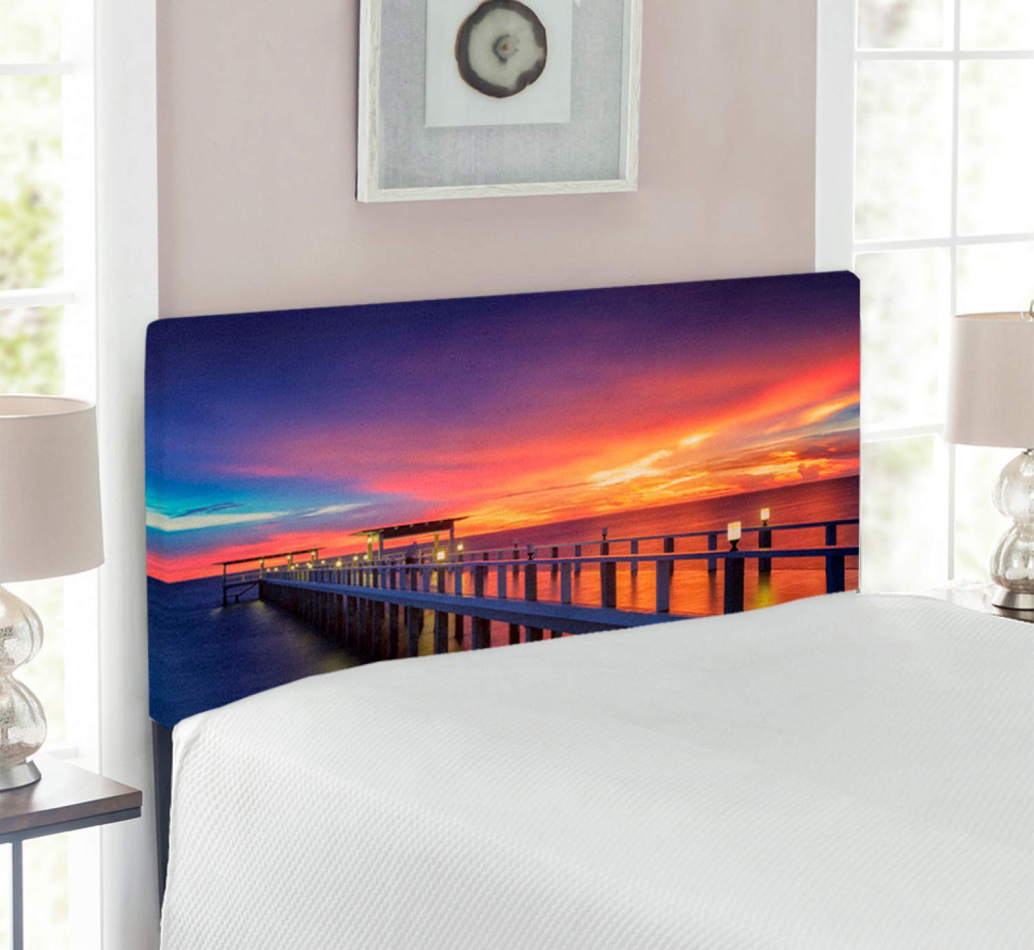 Ambesonne Upholstered Landscape Headboard - Wooden Bridge at Sunrise Port Print, Decorative Metal Bed Headboard with Memory Foam, Twin Size in Orange & Navy | Perfect for Romantic Bedroom Decor & Coastal Theme Interiors