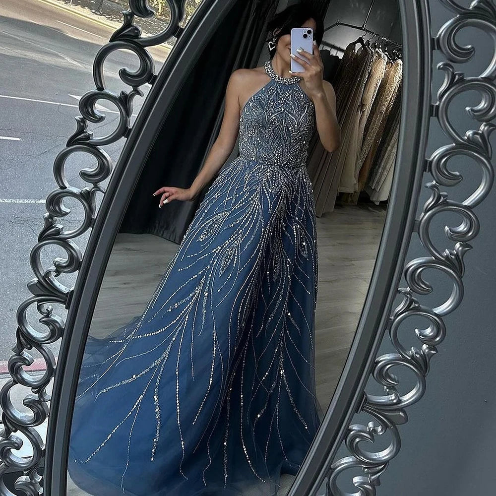 Elegant Blue Arabic A-Line Halter Gown - Luxury Dubai Evening Dress for Women | Wedding, Party & Special Occasion Wear | 2025 Fashion LA72302