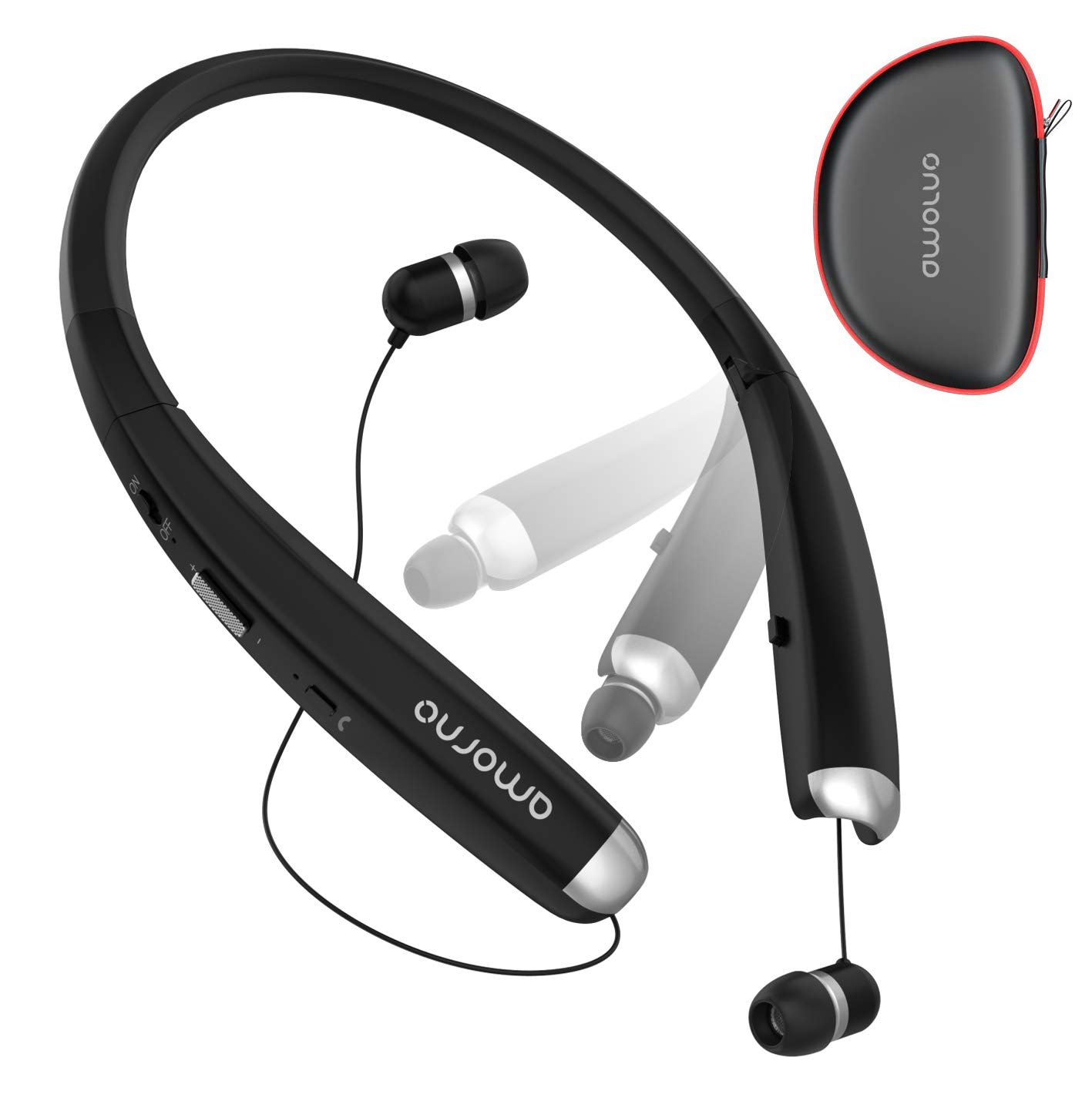 Foldable Bluetooth Headphones Wireless - AMORNO Retractable Earbuds Neckband Headset with Mic, Sweatproof & Noise Cancelling Stereo Earphones for Running, Gym, Workout, Travel (Black)