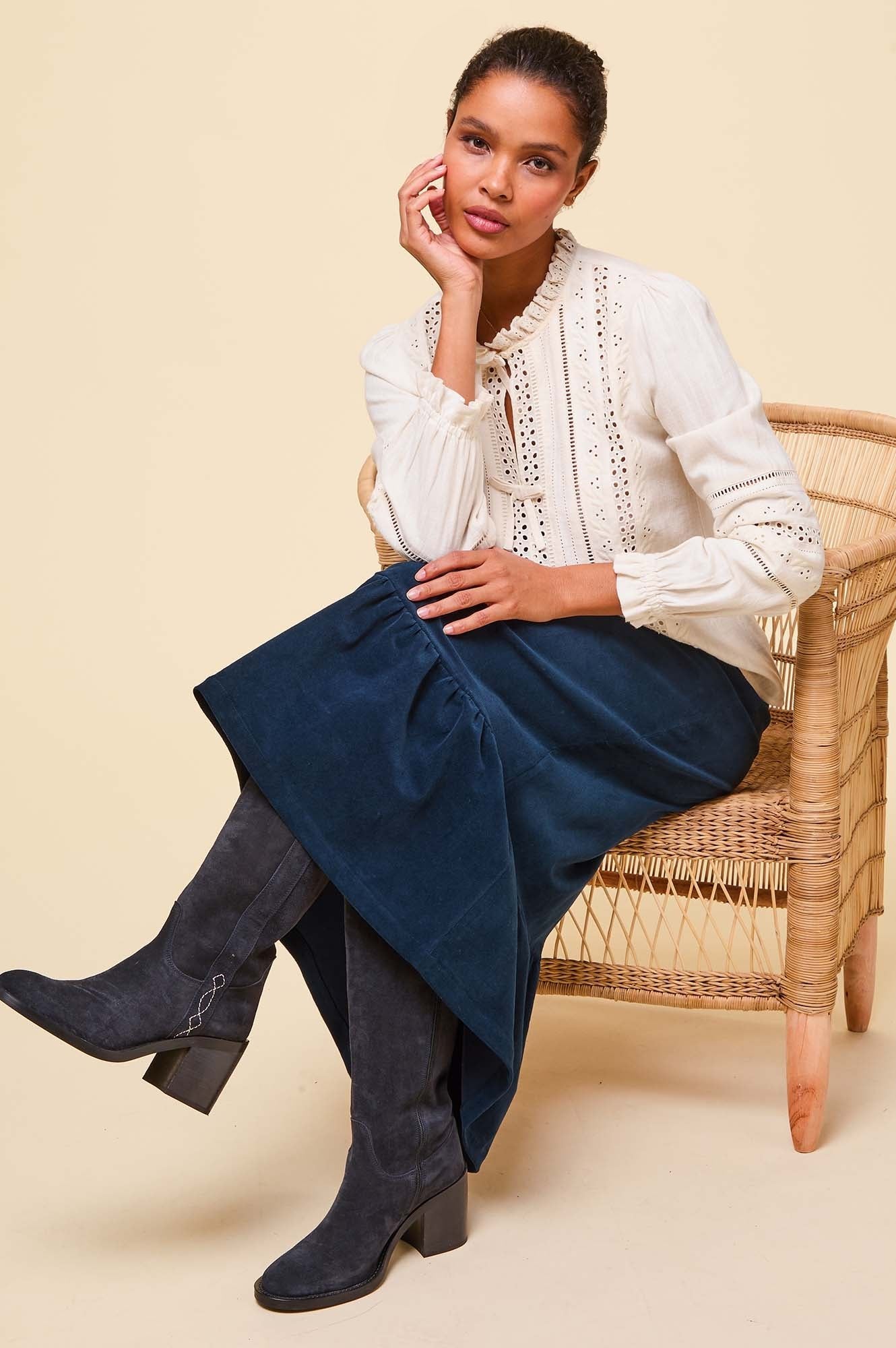 Lori Stretch Corduroy Skirt for Women - Comfortable High Waist Pencil Skirt in Ink Blue | Perfect for Office, Date Night & Fall Fashion