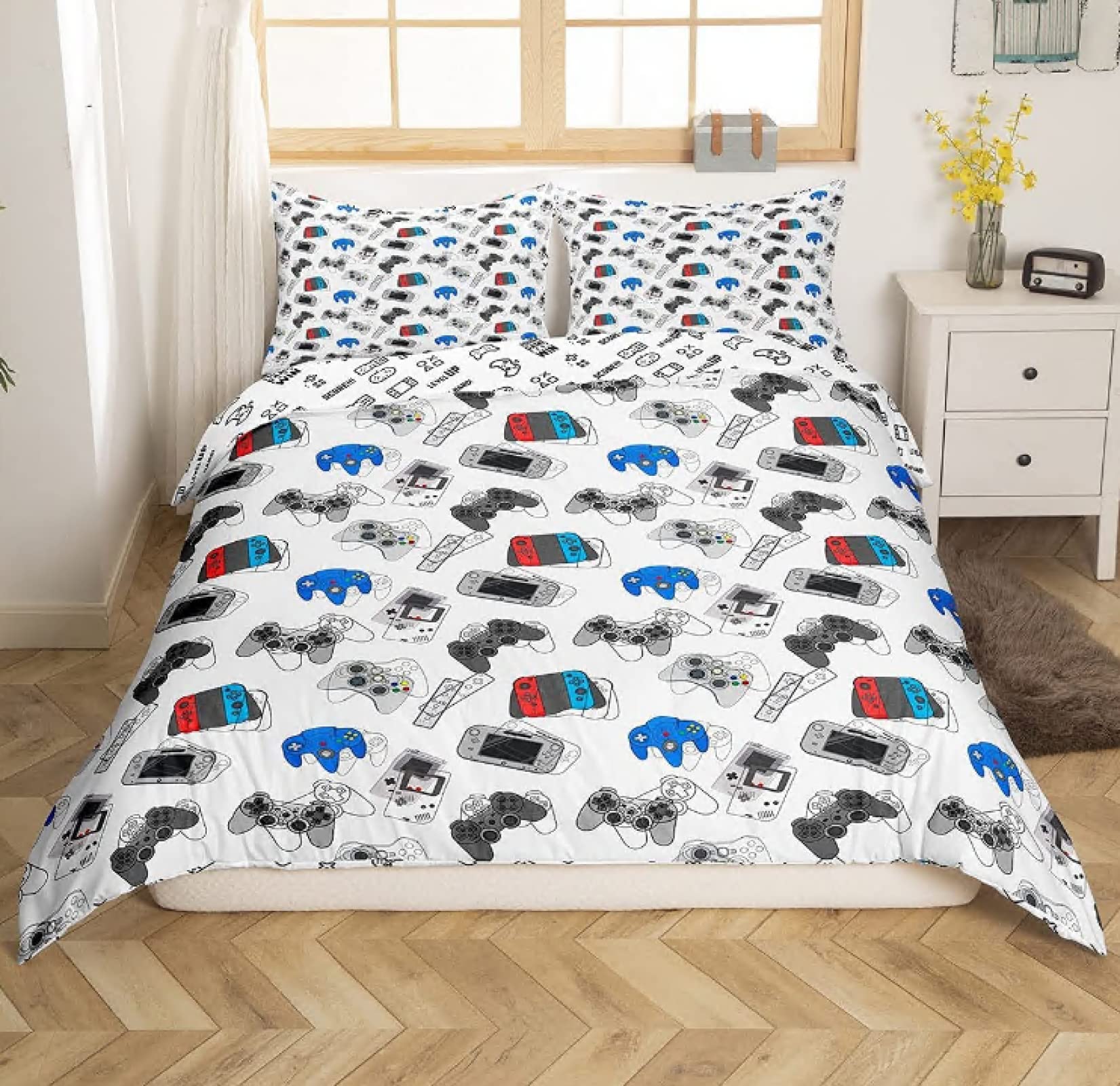 Premium Gaming Comforter Cover Set - Soft Microfiber Bedding for Gamers | 3-Piece Duvet Cover (210x210cm) Queen Size in White | Perfect for Teen Boys' Bedroom & Gaming Room Decor