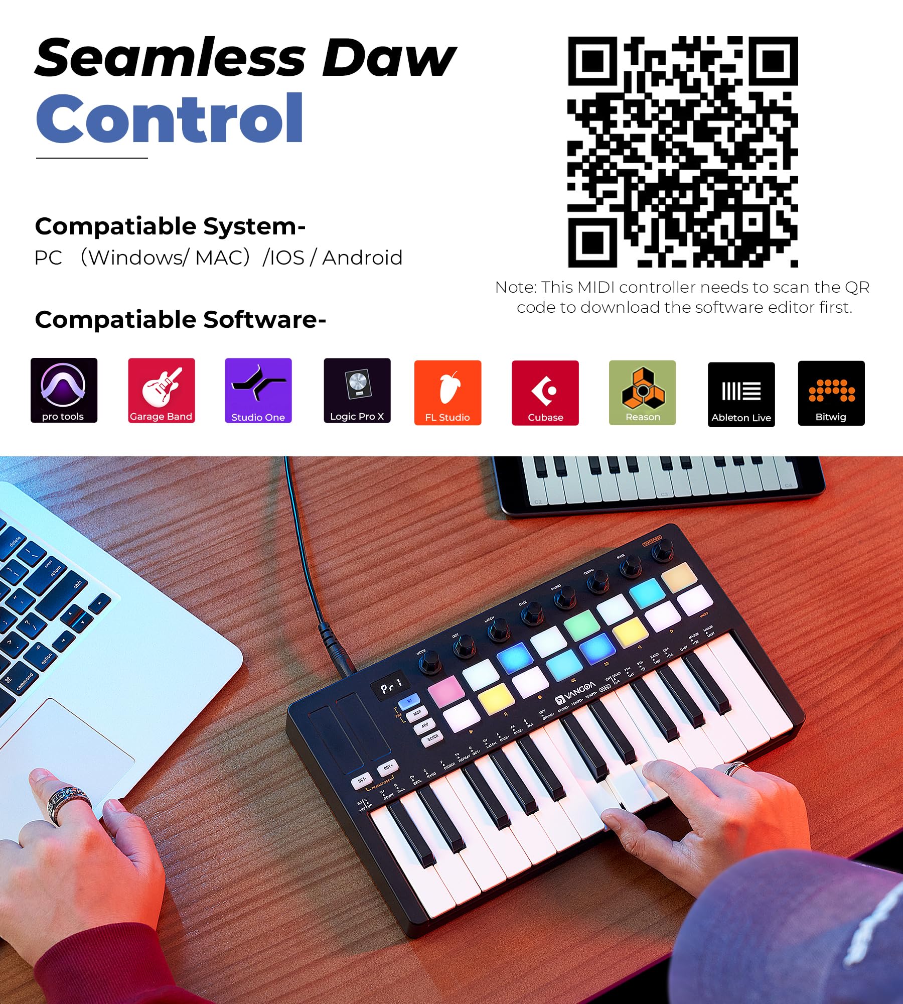 Vangoa 25-Key MIDI Pad Controller with 16 RGB Drum Pads - Wireless Beat Maker Machine for Music Production, Computer Recording & DJ Performance | Perfect for Beginners & Home Studio Music Making