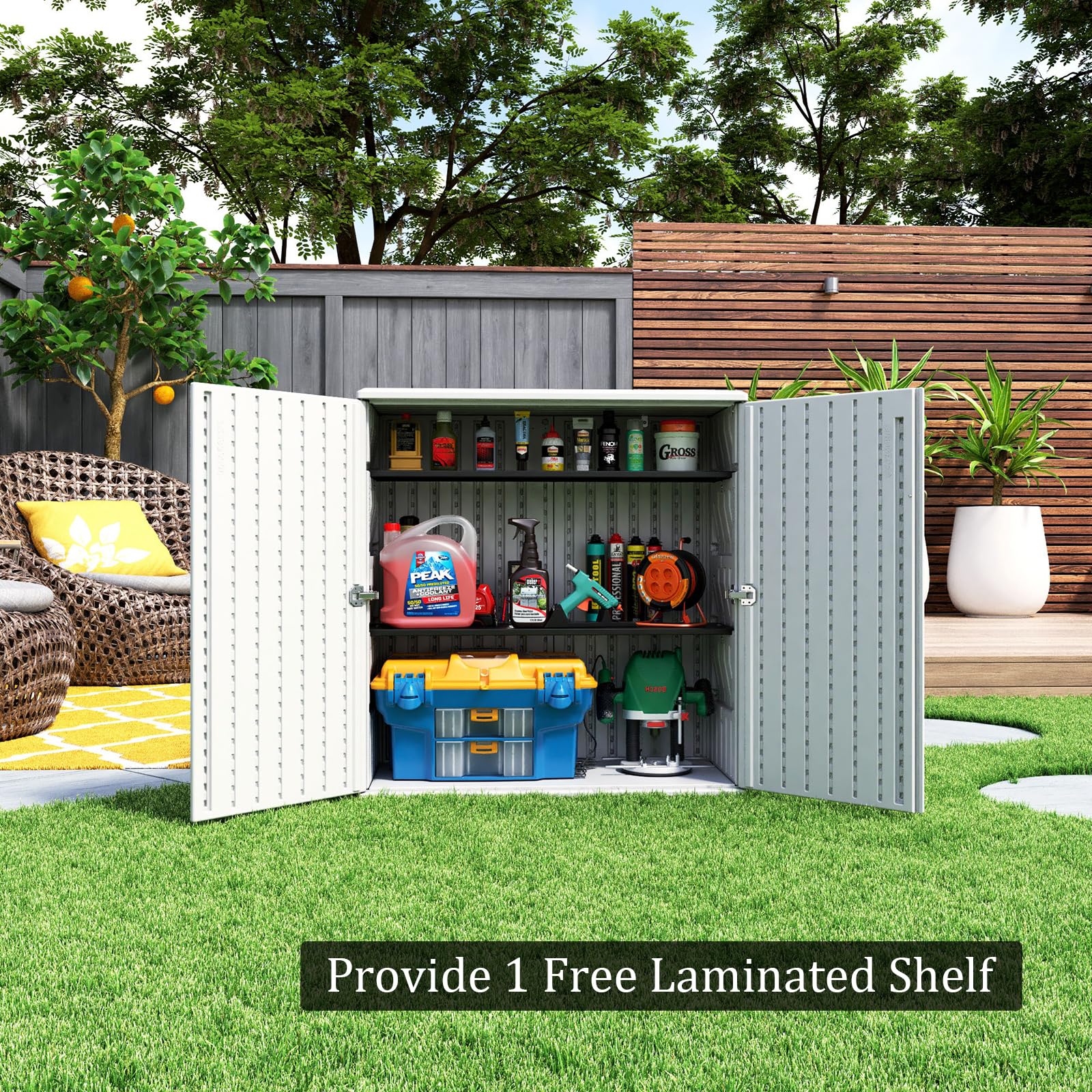 HOMSPARK 10 cu.ft White Outdoor Storage Shed - Weather Resistant Horizontal Cabinet for Lawn Mowers, Patio Furniture & Garden Tools | Perfect for Backyard, Garage & Poolside Organization