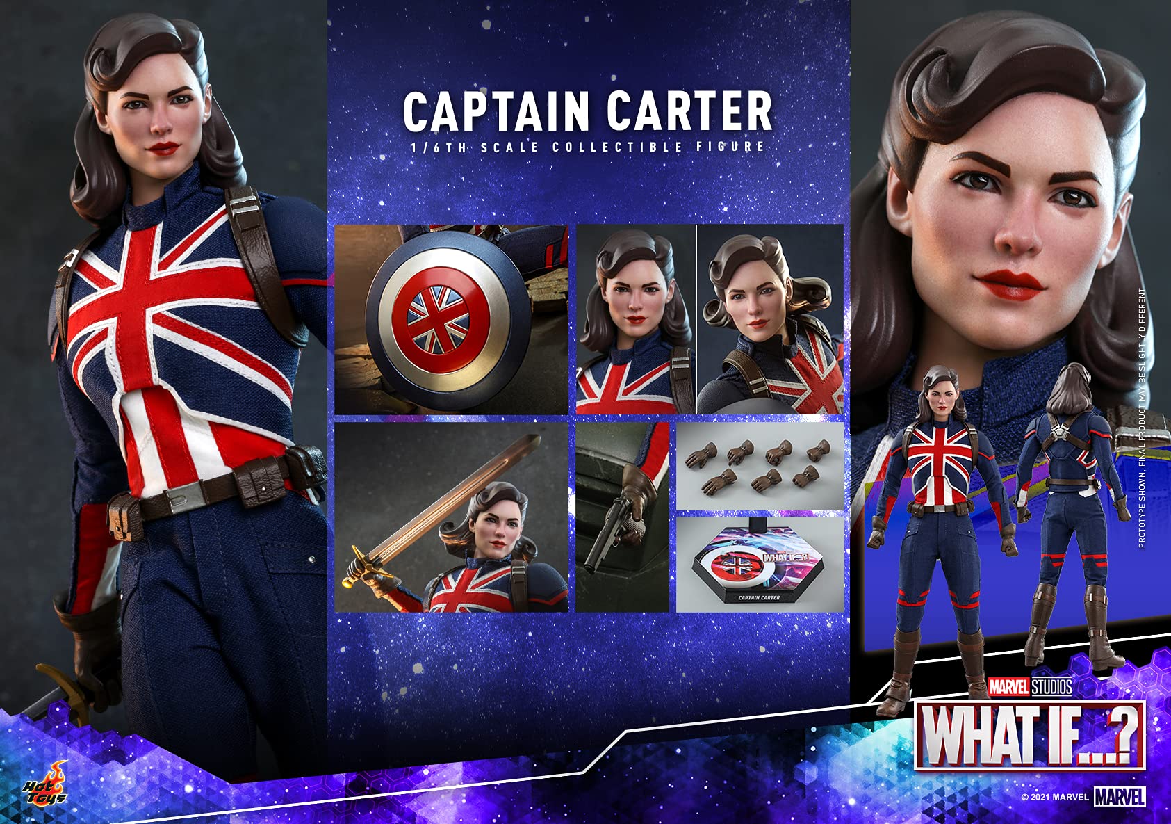 Hot Toys 1:6 Scale Captain Carter Action Figure from Marvel's What If...? Series - Collectible Blue Suit for Display & Cosplay