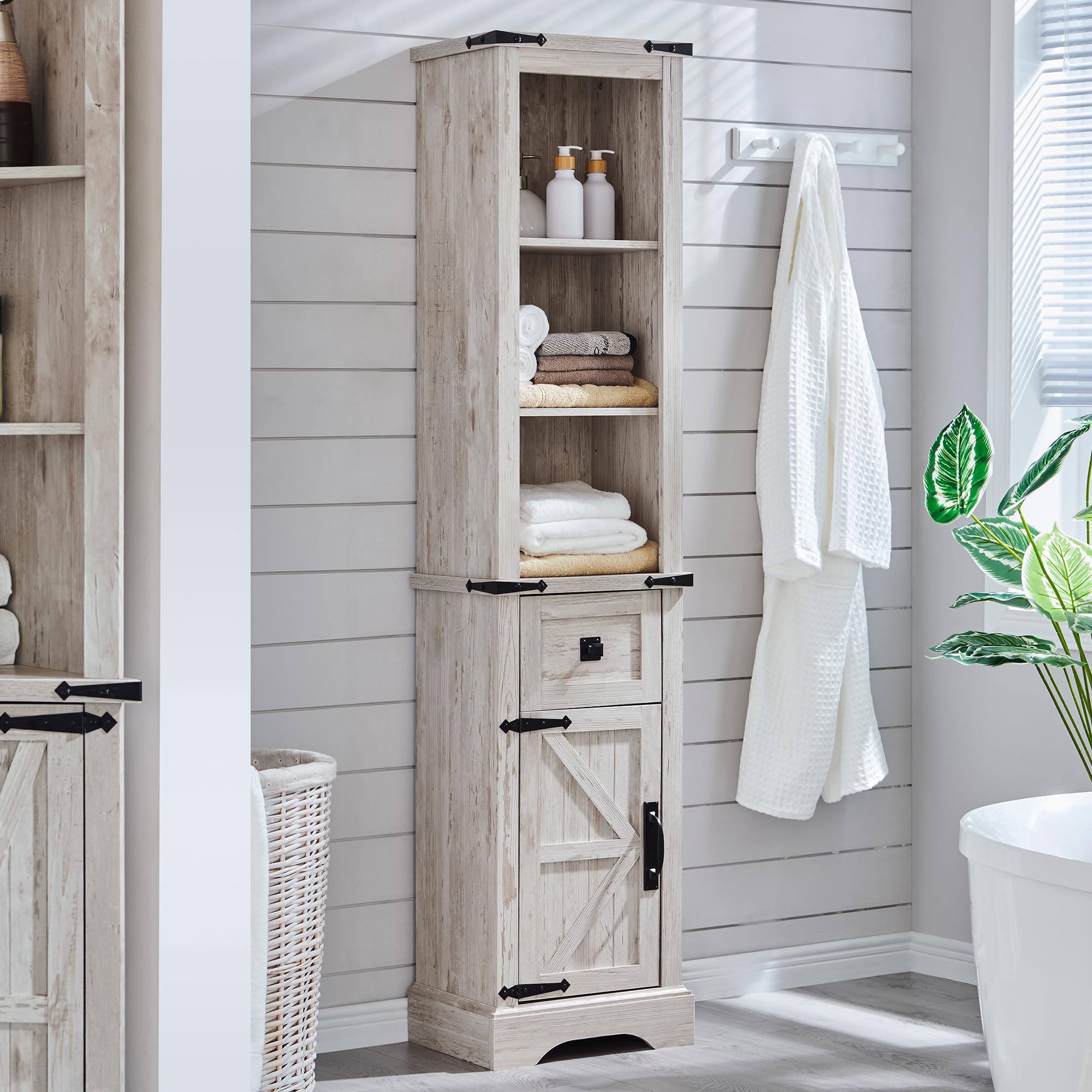 Farmhouse Bathroom Storage Cabinet with Adjustable Shelves & Drawer - Tall Linen Tower Organizer for Bathroom, Living Room, Bedroom - Antique White Finish for Rustic Home Decor