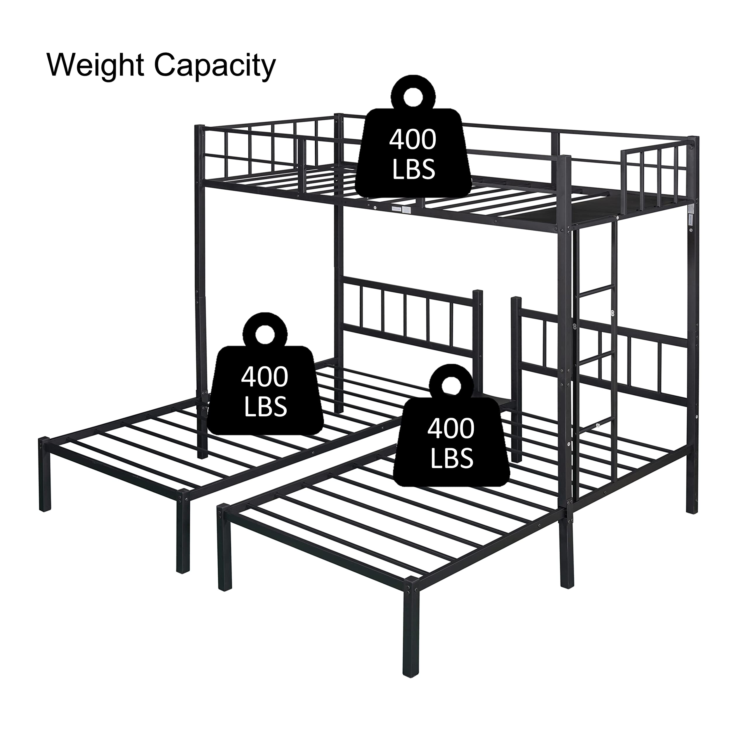 Twin Over Twin & Twin Metal Triple Bunk Bed Frame with Safety Guardrails - Space Saving Bunk Bed for Kids, Teens & Adults - Converts to 3 Separate Twin Beds (Black) - Perfect for Small Bedrooms, Dorms & Guest Rooms