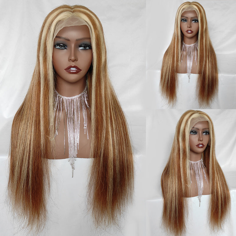 Eullair P8/613 Piano Highlights Body Wave 13×4 Lace Frontal Wig - Brown with Blonde Highlights Straight Human Hair Wig for Women | Perfect for Daily Wear, Parties & Special Occasions
