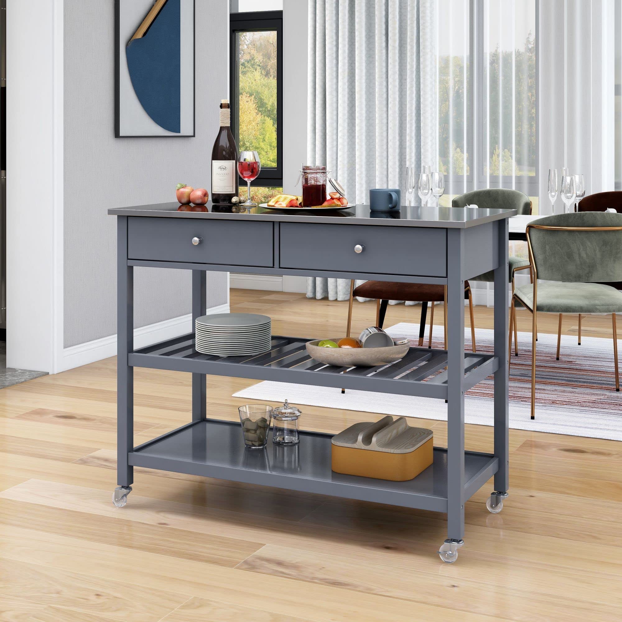 White Rolling Kitchen Island Cart with Storage, Drawers & Cabinets - Mobile Kitchen Cart with Lockable Casters & Adjustable Shelves for Small Spaces, Apartments & Home Cooking (A4-Blue) | Perfect for Extra Counter Space & Organization in Compact Kitchens