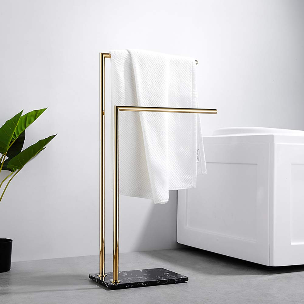 Freestanding Towel Rack - Double L Shape Metal Brass Towel Holder with Marble Base | Modern Bathroom & Kitchen Towel Drying Stand (80cm Height) | Perfect for Spa, Guest Bathrooms & Luxury Home Decor