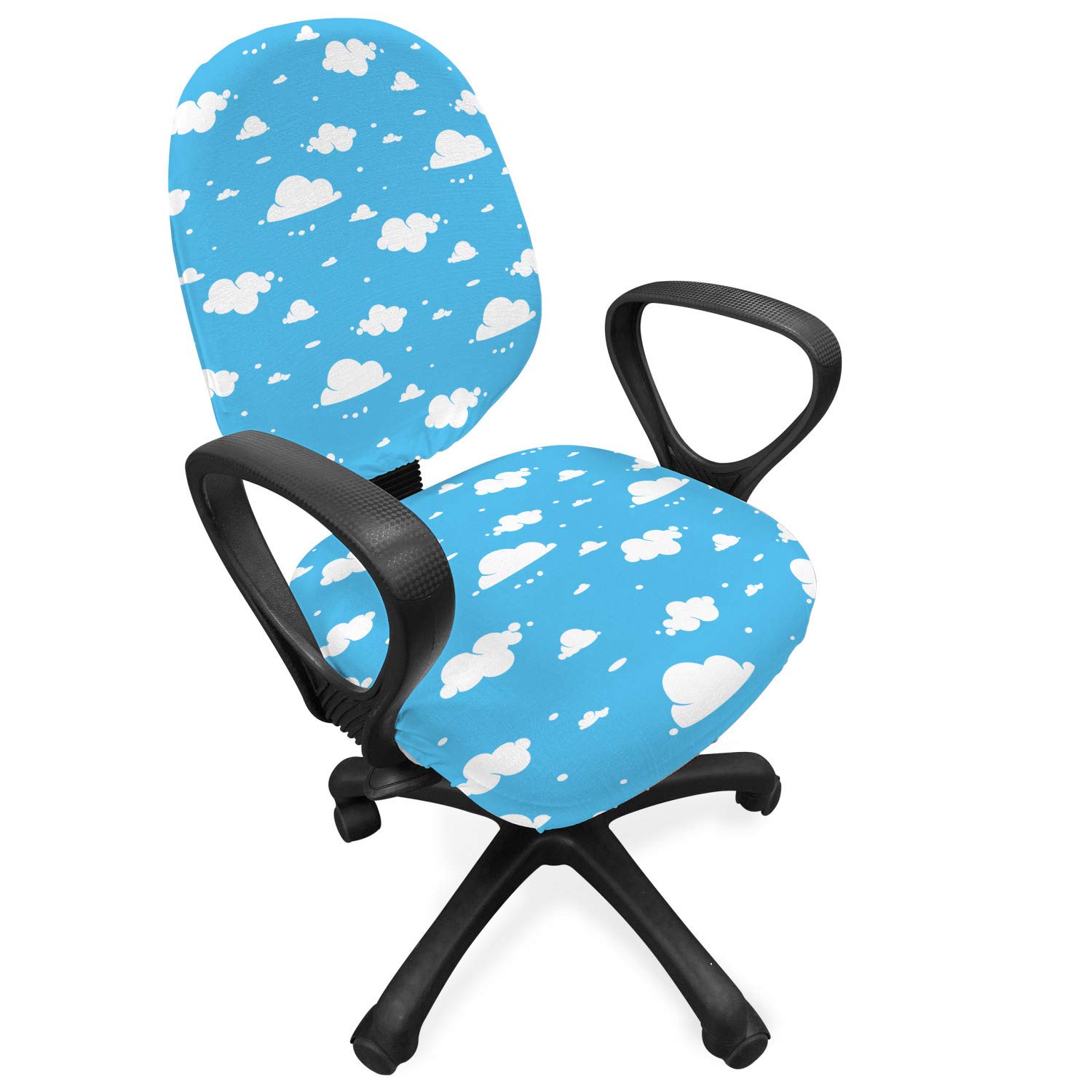 Ambesonne Sky Blue Office Chair Slipcover - Fluffy Clouds Design, Stretchable Fabric Protector for Home & Office - Cheerful Cartoon Illustration in Deep Blue & White - Perfect for Workspace Decor & Comfort