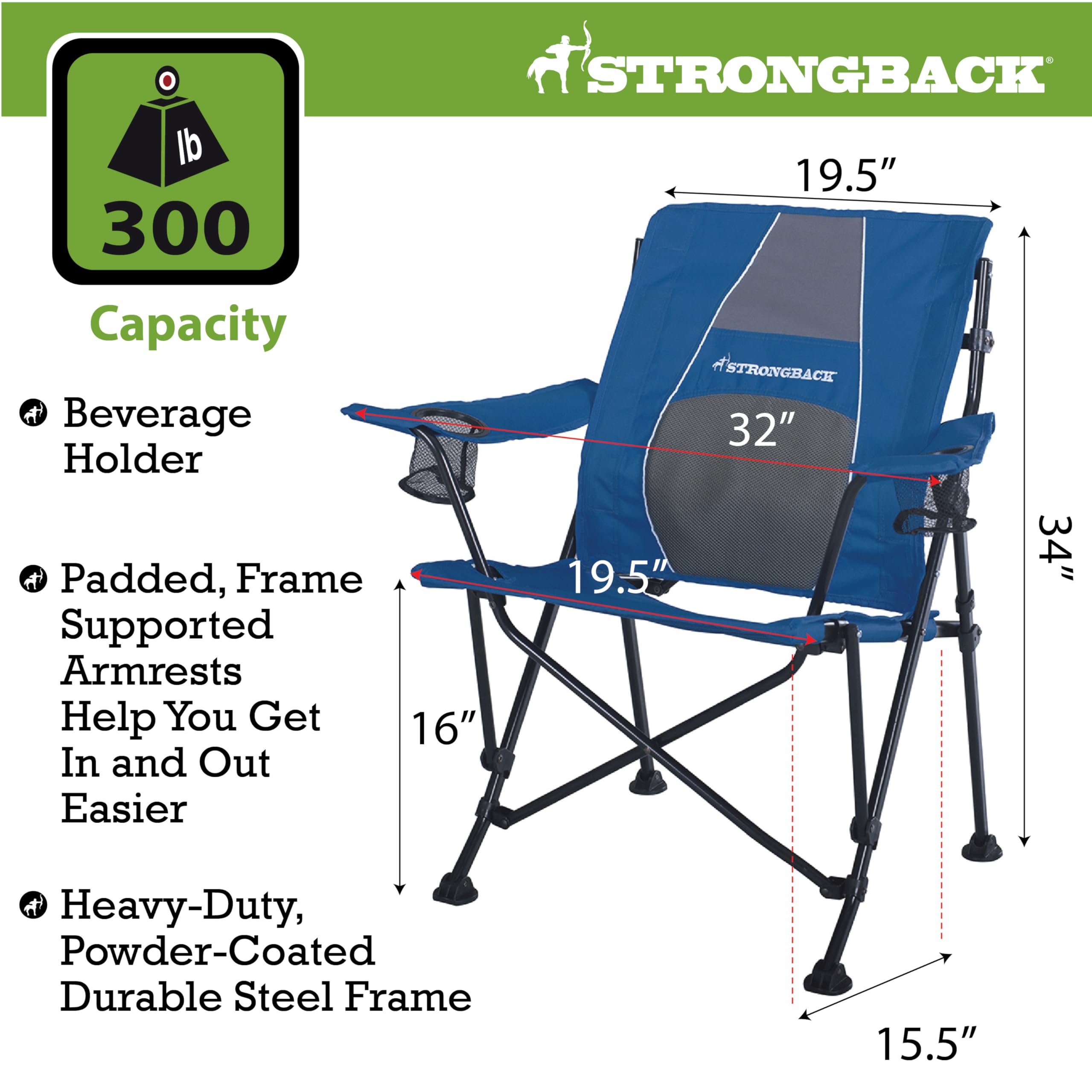 STRONGBACK Heavy Duty Camping Chair with Lumbar Support - Portable Folding Backpack Chair for Outdoor Adventures - Perfect for Camping, Hiking, Beach & Backyard Use - Navy Blue