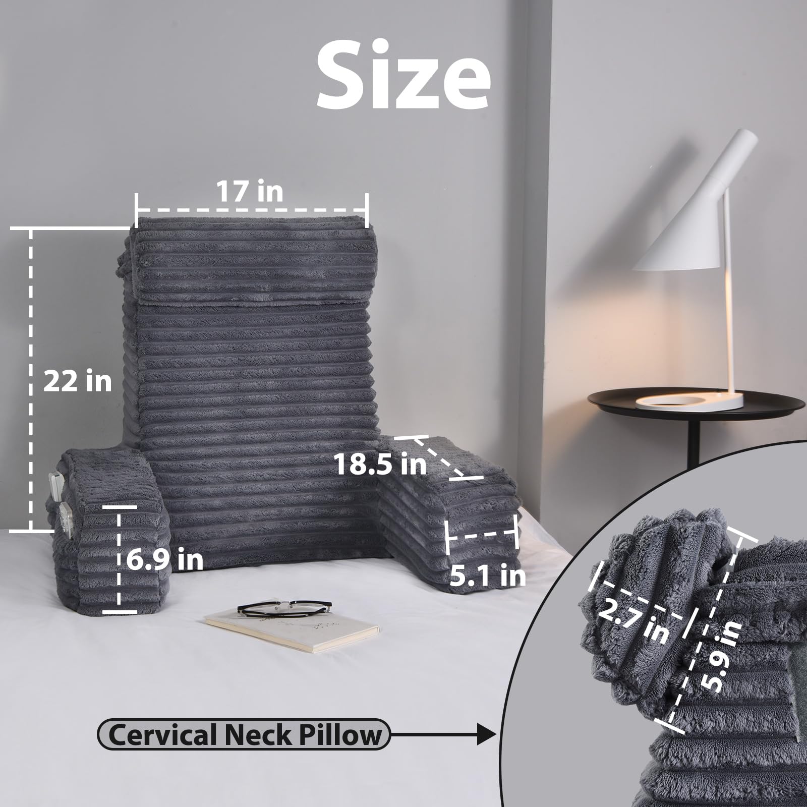 ENITYA XL Reading Pillow for Adults - Back Support Cushion for Sitting in Bed, Watching TV, Gaming, Reading & Post-Surgery Recovery - Dark Grey - Perfect for Relaxation, Comfort & Pain Relief