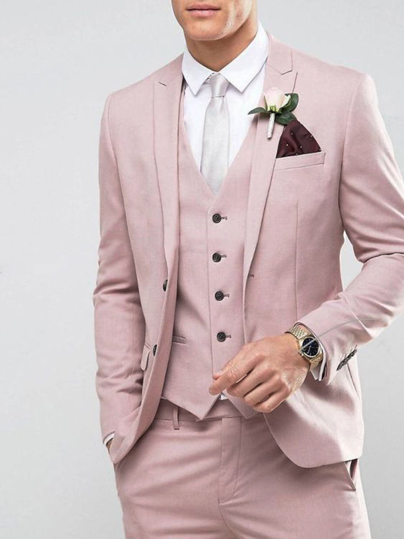 Slim Fit Tailored Men's Prom Suit Set - Blazer, Vest & Pants 3-Piece Formal Wear in Rose Pink | Wedding, Groom, Homecoming, Party & Special Occasions