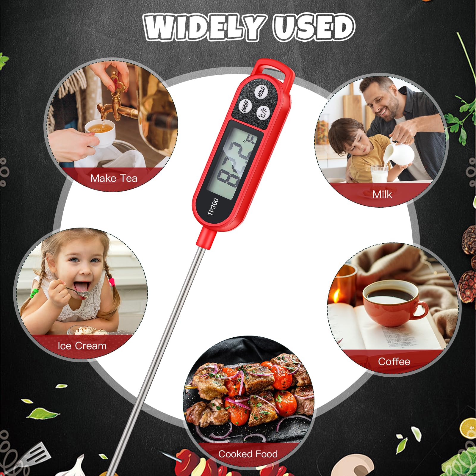 Digital Meat Thermometer with Probe - Instant Read Food Thermometer for Cooking, BBQ, Grilling, Milk & Yogurt - Waterproof Kitchen Thermometer (Red) - Perfect for Grilling, Baking, Roasting & Food Safety Checks