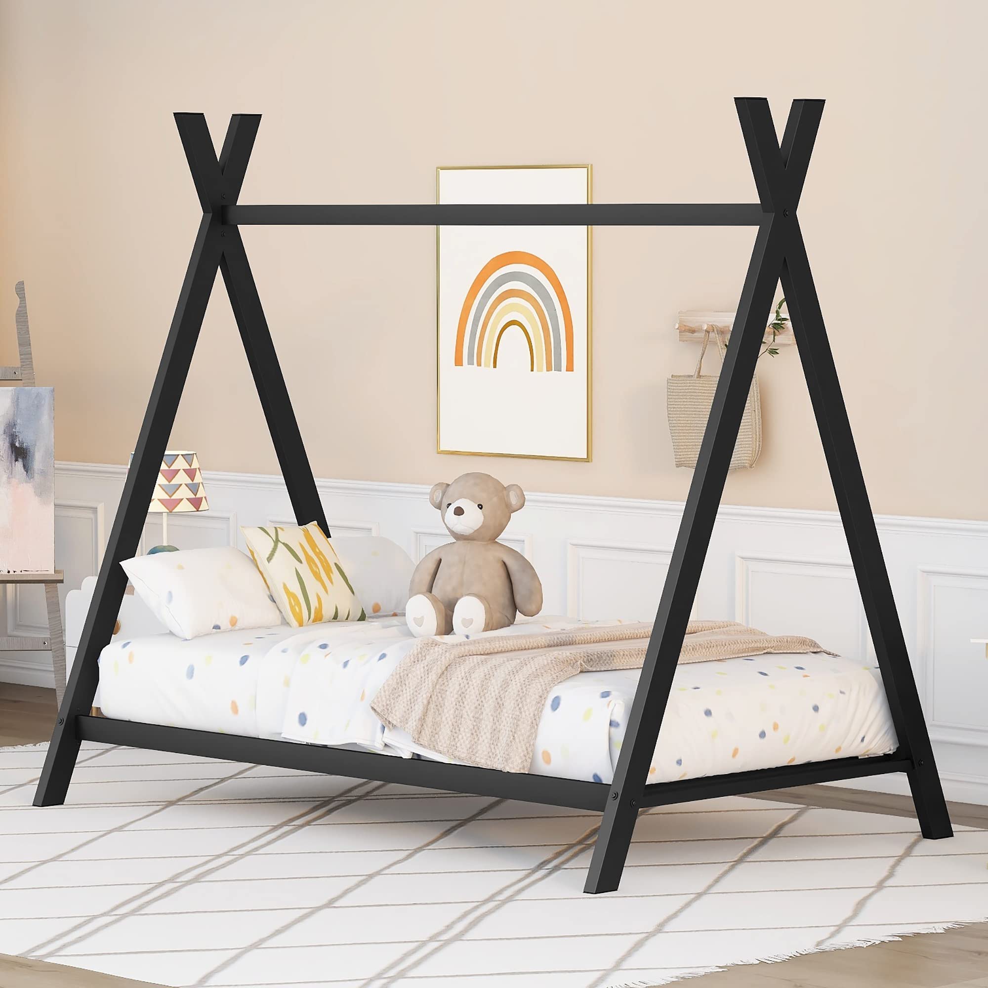 Montessori Twin House Bed for Kids - Metal Floor Playhouse Bed Frame with Slats for Boys & Girls, No Box Spring Needed (Black) - Perfect for Bedroom Playtime, Sleepovers & Imaginative Play