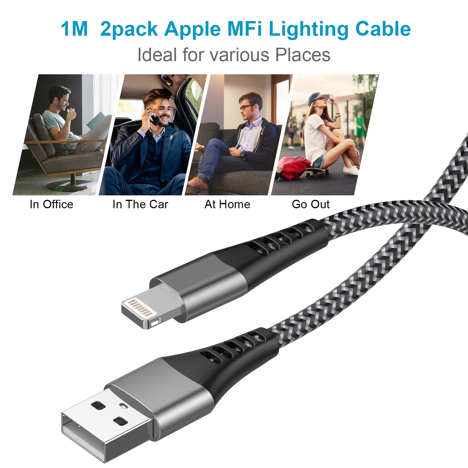 2-Pack MFi Certified iPhone Charger Cable 1M - USB to Lightning Fast Charging Cable for iPhone 14/13/12/11 Pro Max/XR/XS/8/7/6/5 & iPad - Durable Nylon Braided Cable for Home, Office & Travel