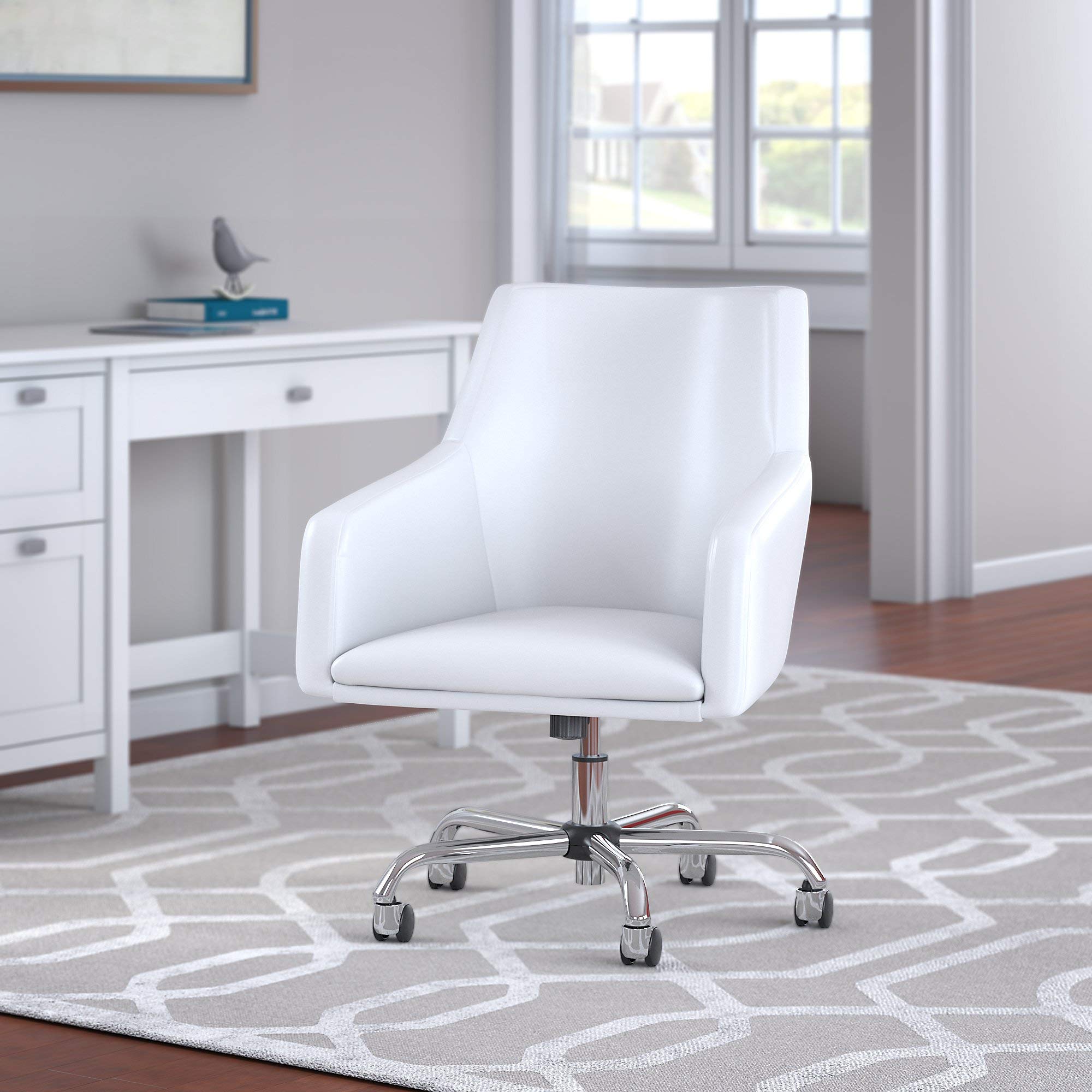 Bush Business Furniture London Mid Back Leather Box Chair in White - Ergonomic Office Chair for Home & Workspace Comfort