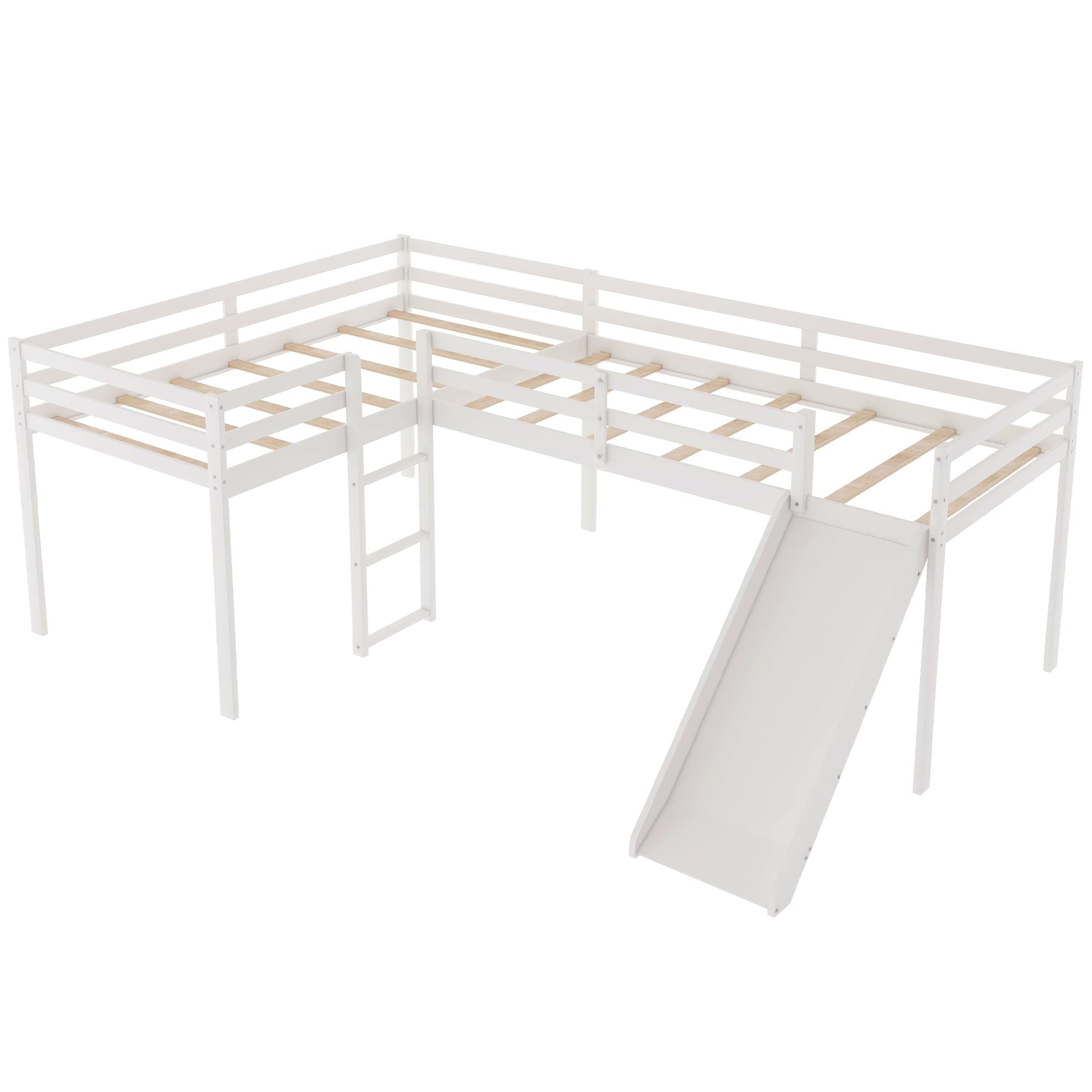L-Shaped Twin Loft Bed with Slide - White Wooden Loft Bed Frame for Kids & Teens - No Box Spring Needed - Perfect for Small Rooms, Play Areas & Sleepovers