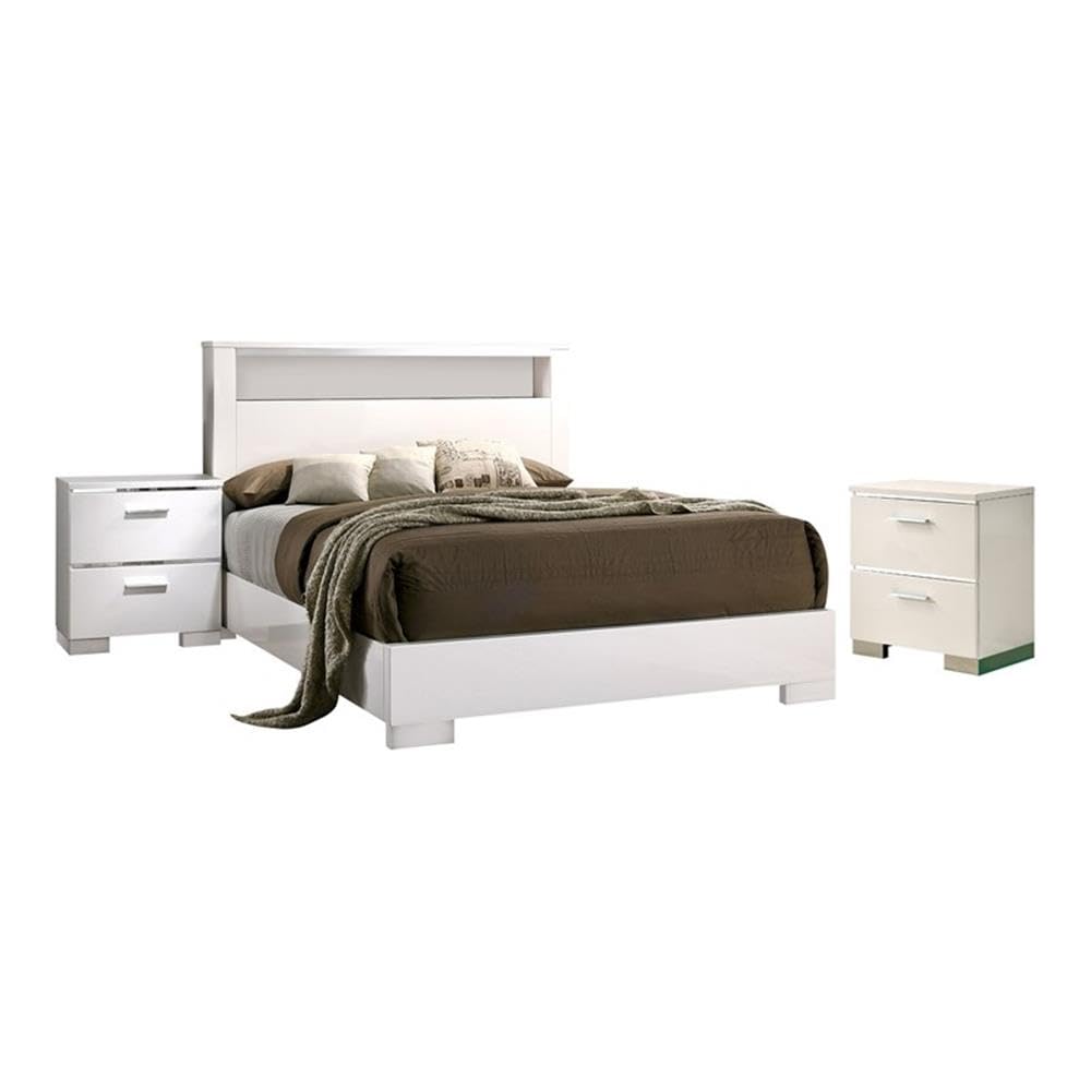 FOA Quaker Modern 3-Piece White Wood Bedroom Set - Queen Size Bed & 2 Nightstands | Contemporary Bedroom Furniture for Home Decor | Perfect for Master Bedroom & Guest Room Setup